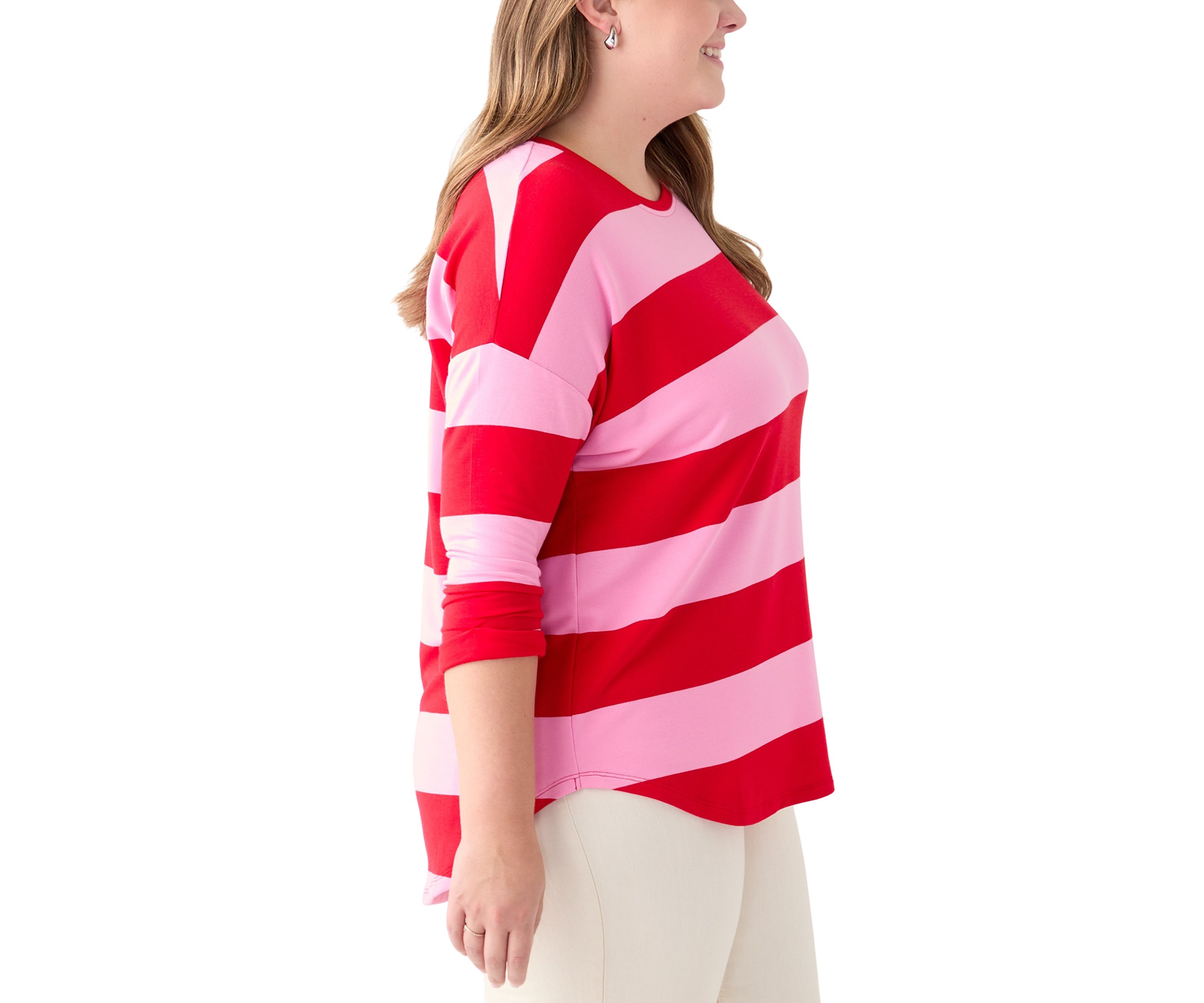 Plus Size 3/4 Sleeve Baby Terry Yarn Dyed Stripe Top