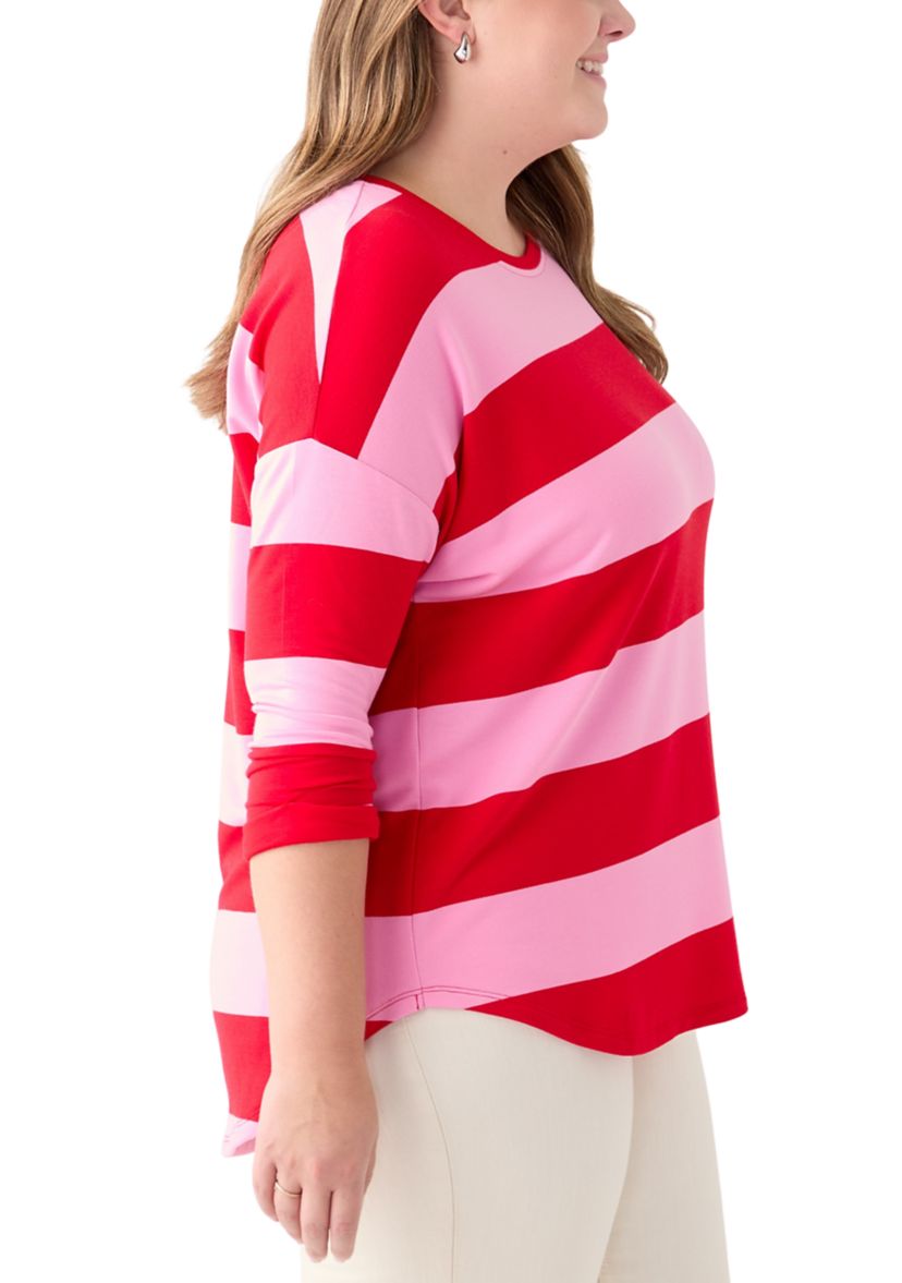 Plus Size 3/4 Sleeve Baby Terry Yarn Dyed Stripe Top