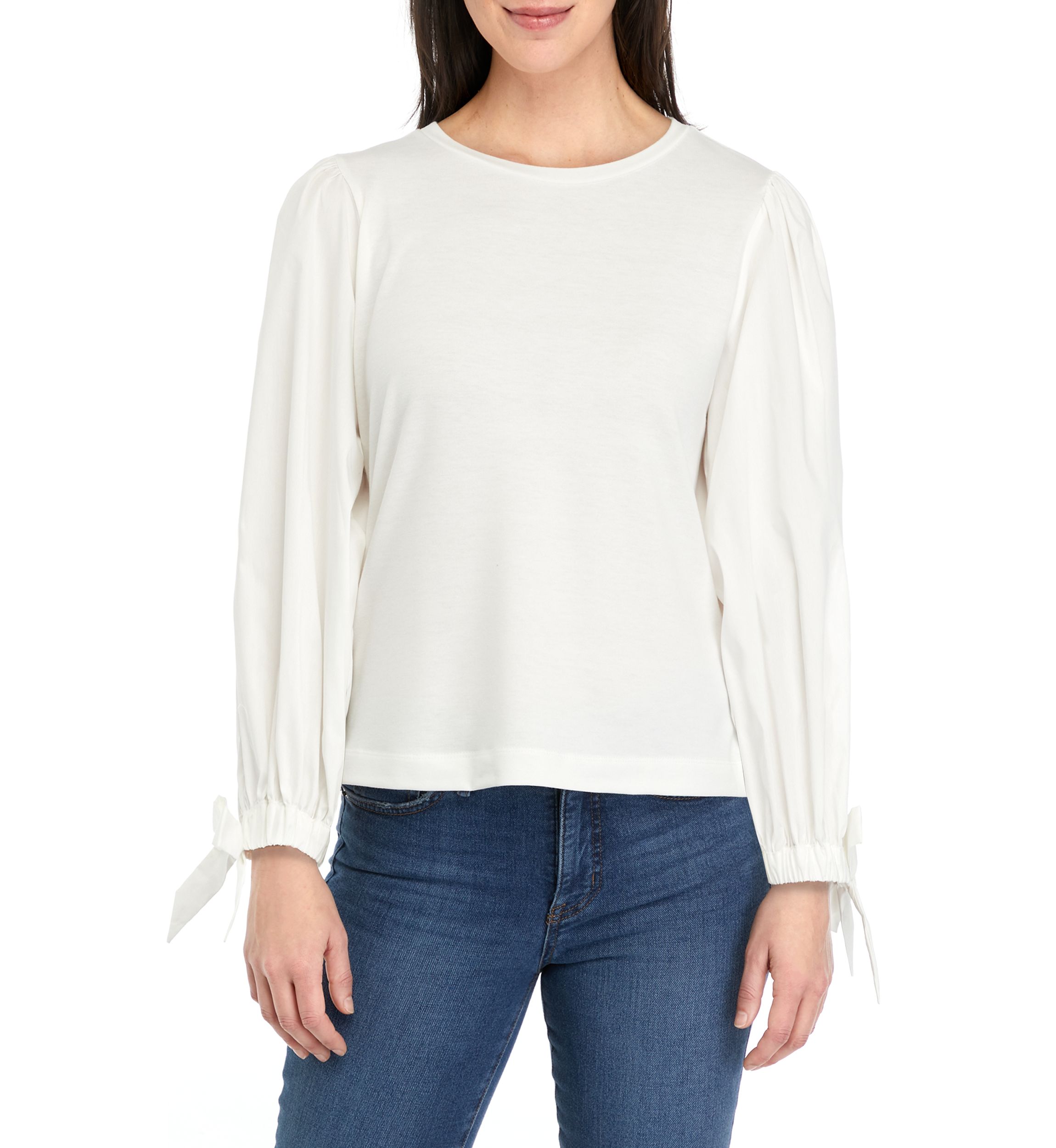 Petite Long Sleeve Top with Woven Sleeves
