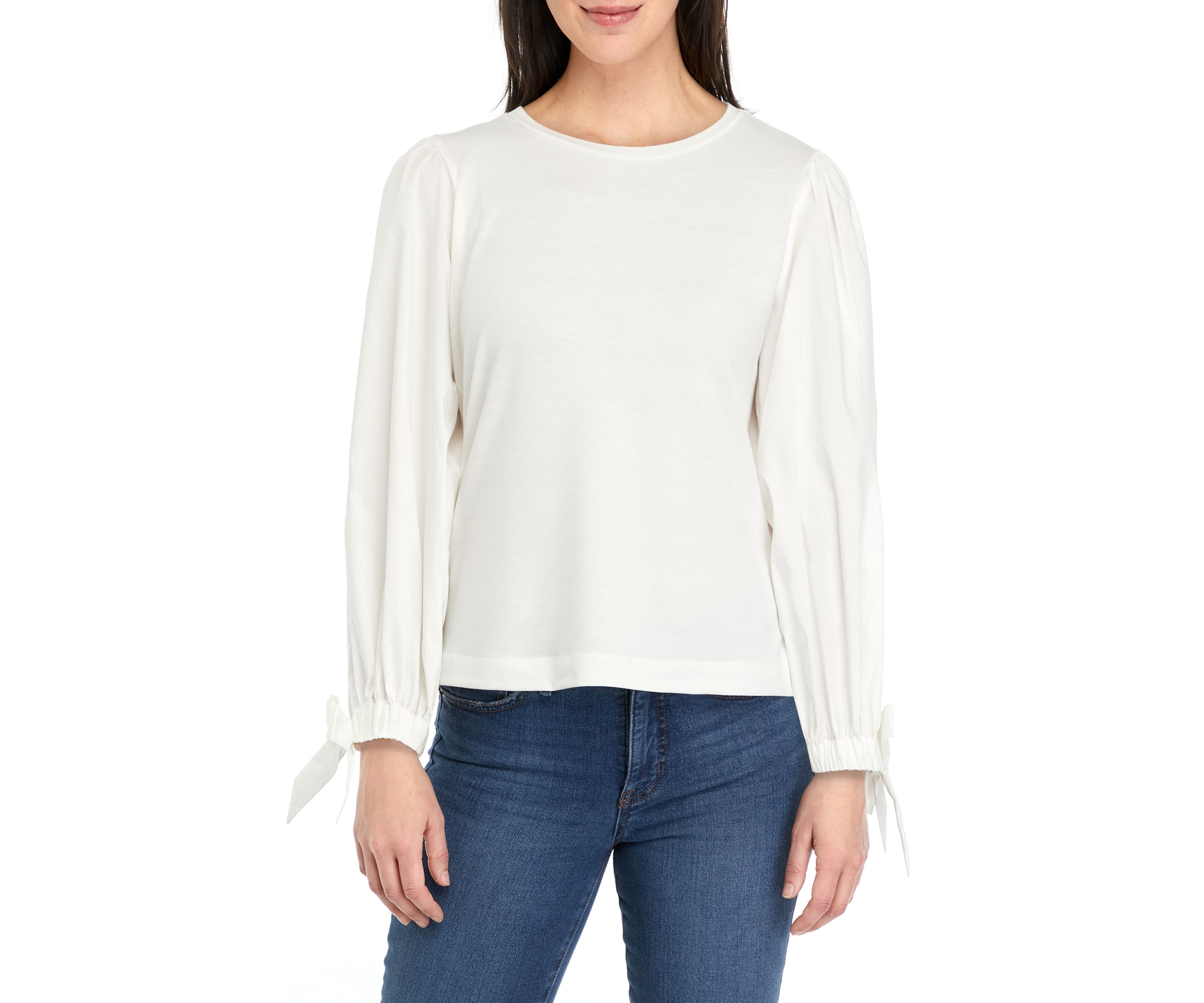 Petite Long Sleeve Top with Woven Sleeves