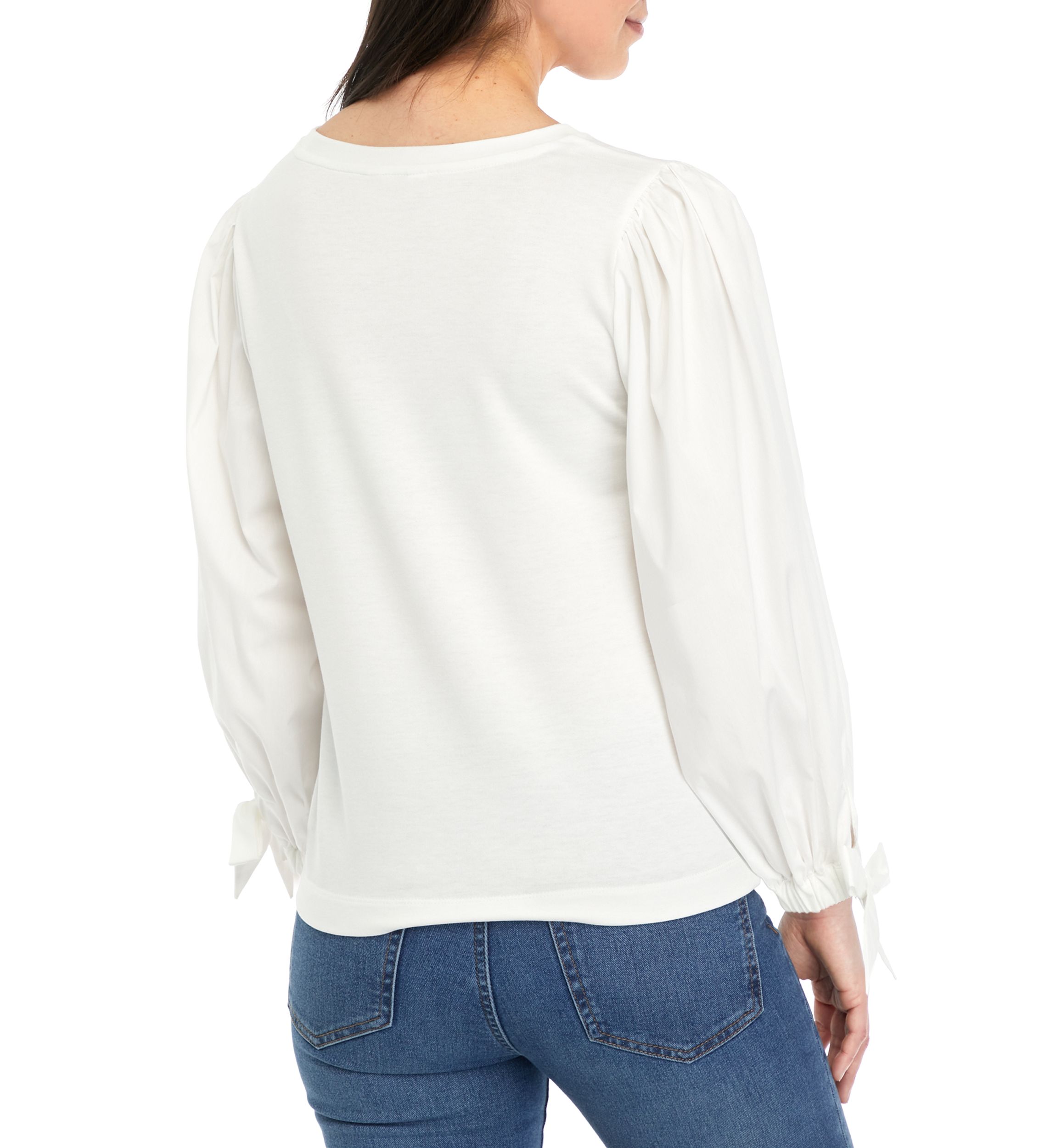 Petite Long Sleeve Top with Woven Sleeves