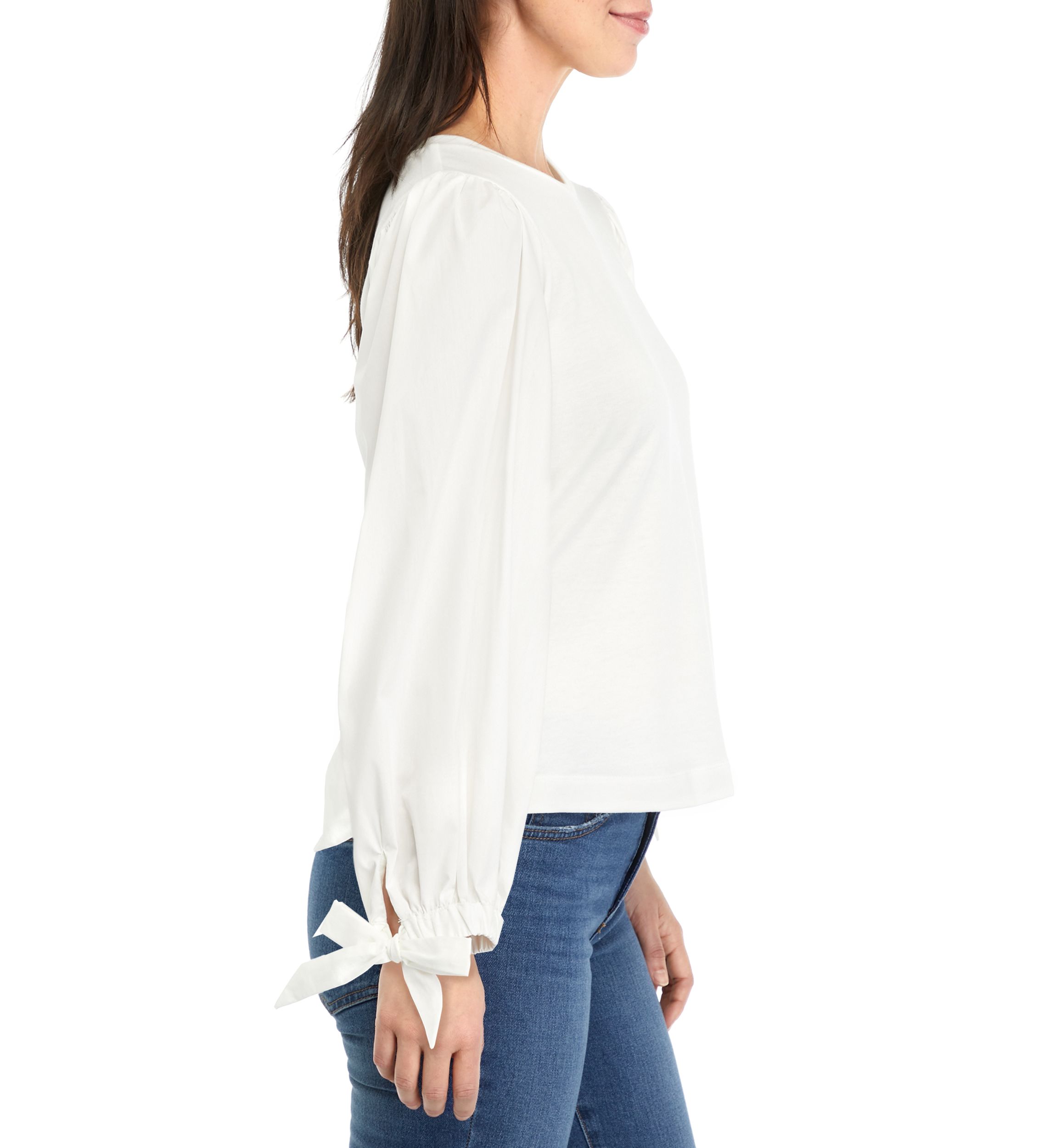 Petite Long Sleeve Top with Woven Sleeves