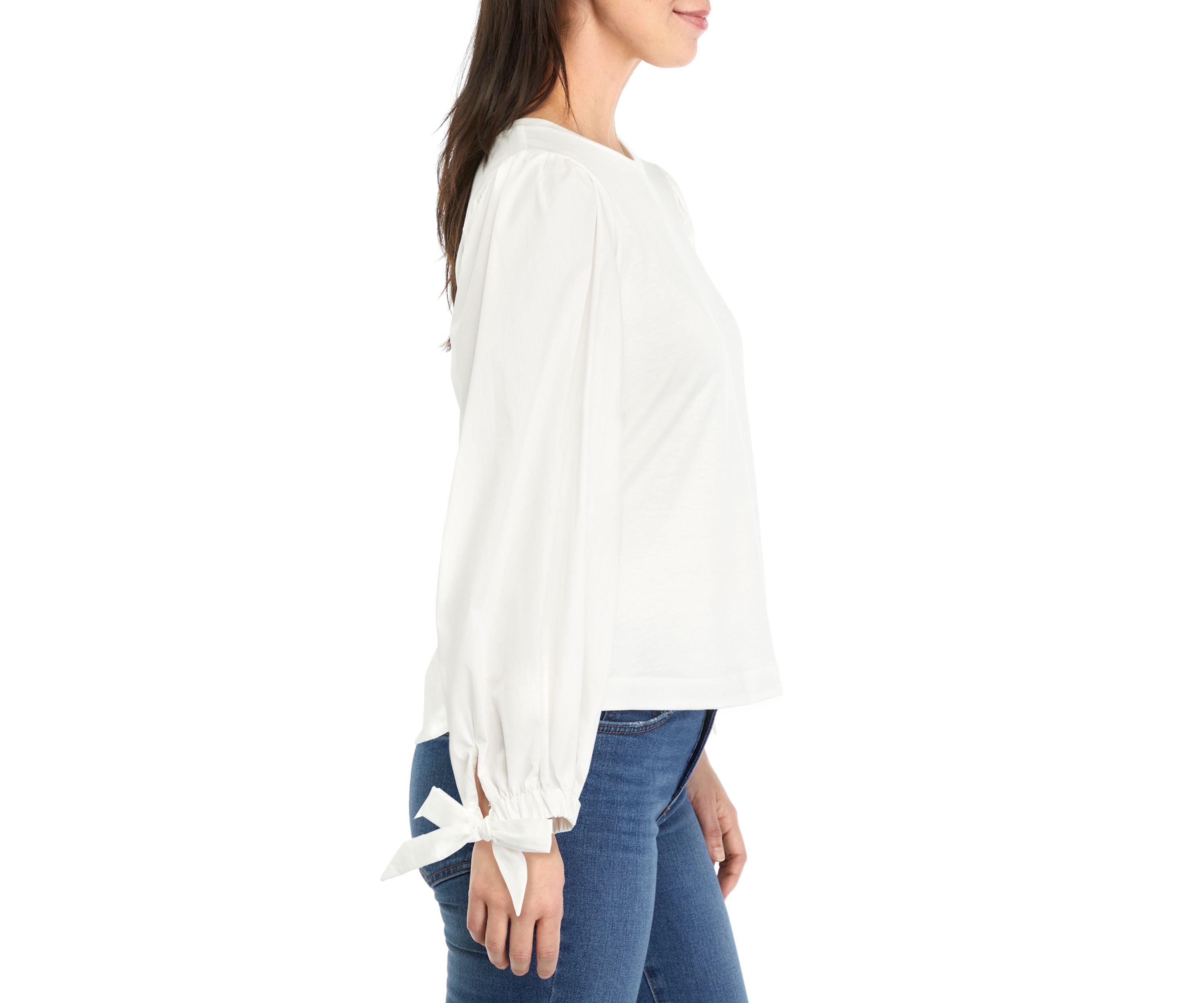 Petite Long Sleeve Top with Woven Sleeves