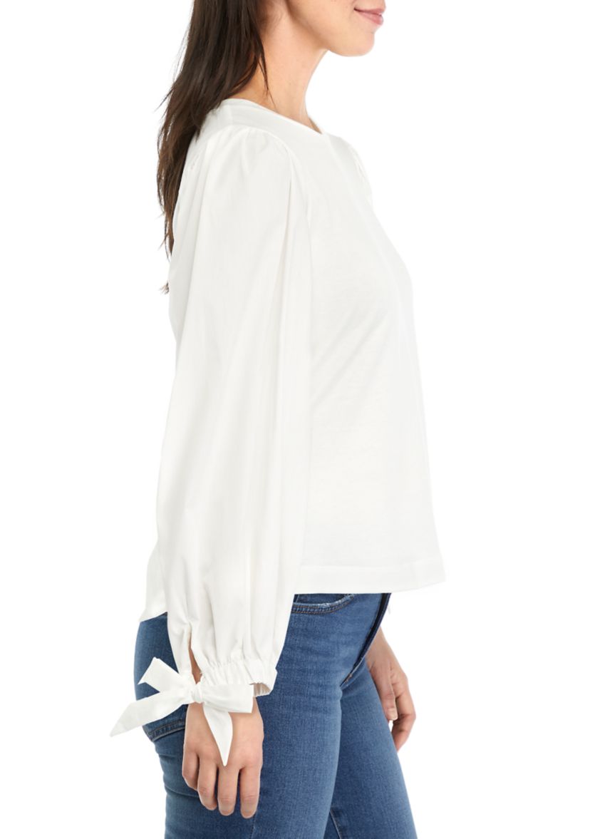 Petite Long Sleeve Top with Woven Sleeves