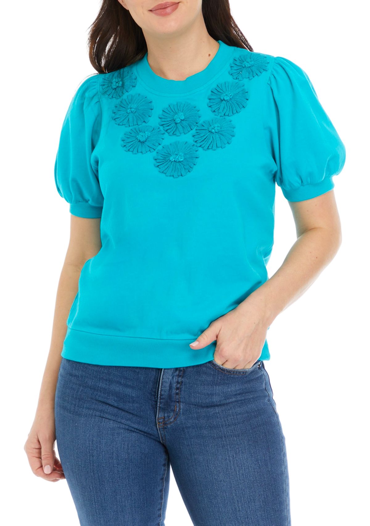 Womens Puff Sleeve Embroidered Interlock Top