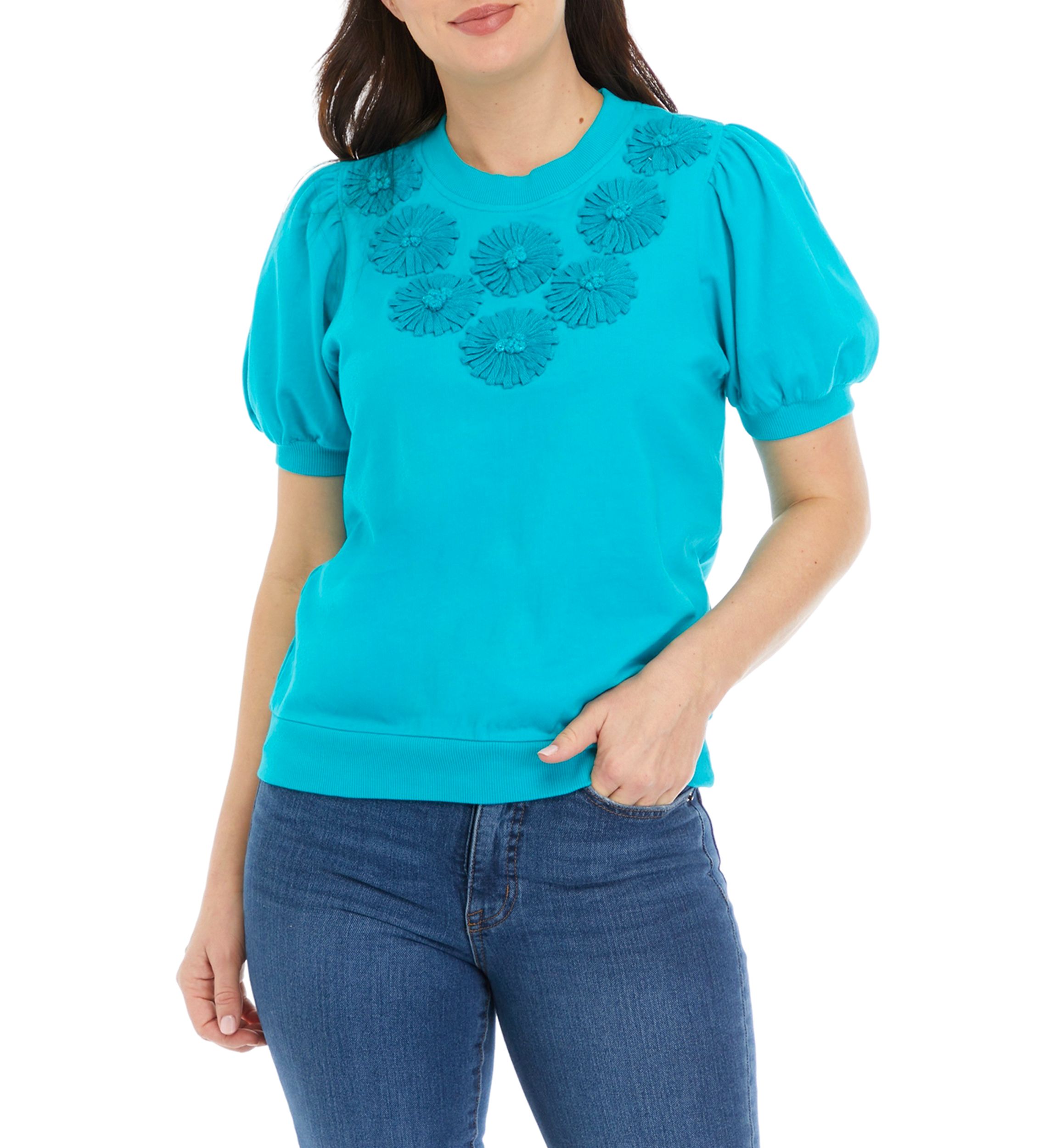 Womens Puff Sleeve Embroidered Interlock Top