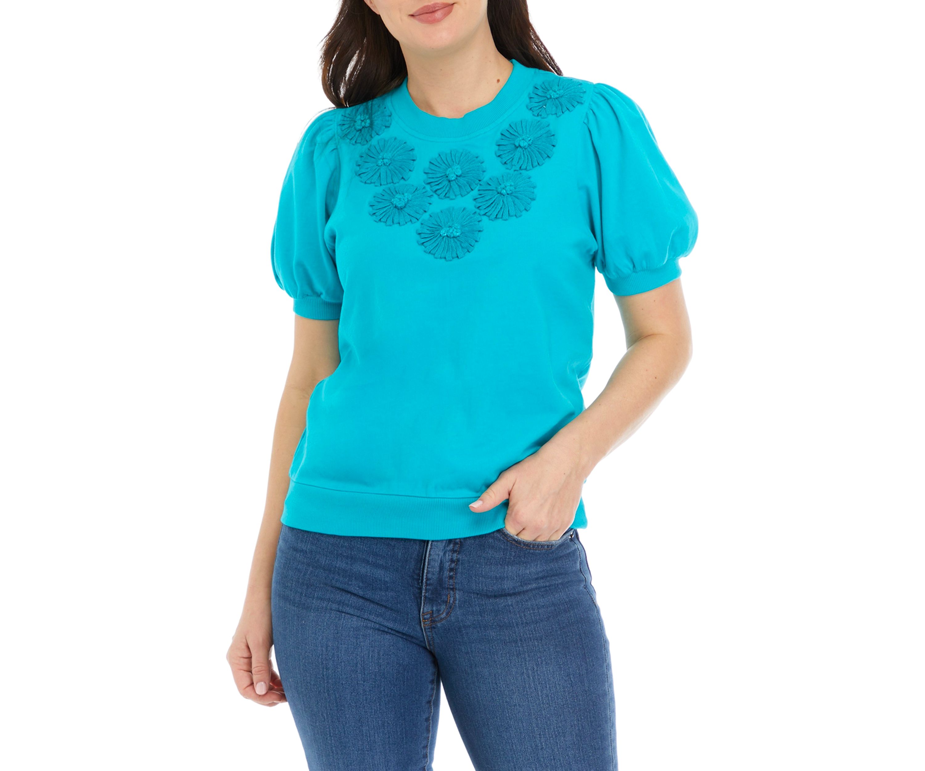 Womens Puff Sleeve Embroidered Interlock Top