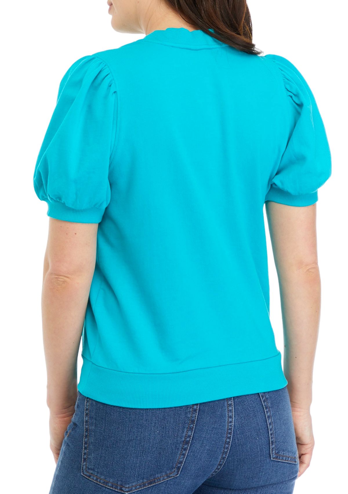 Womens Puff Sleeve Embroidered Interlock Top