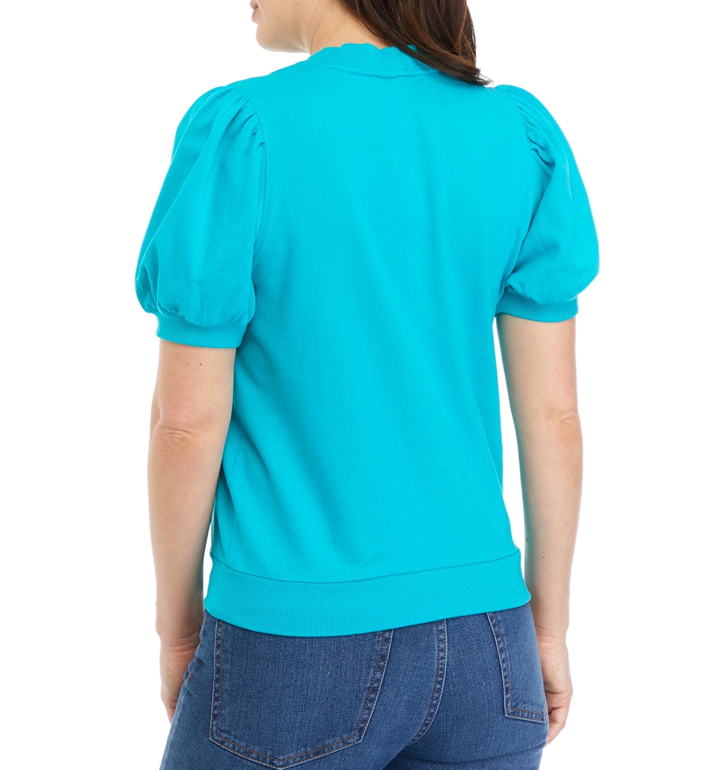 Womens Puff Sleeve Embroidered Interlock Top
