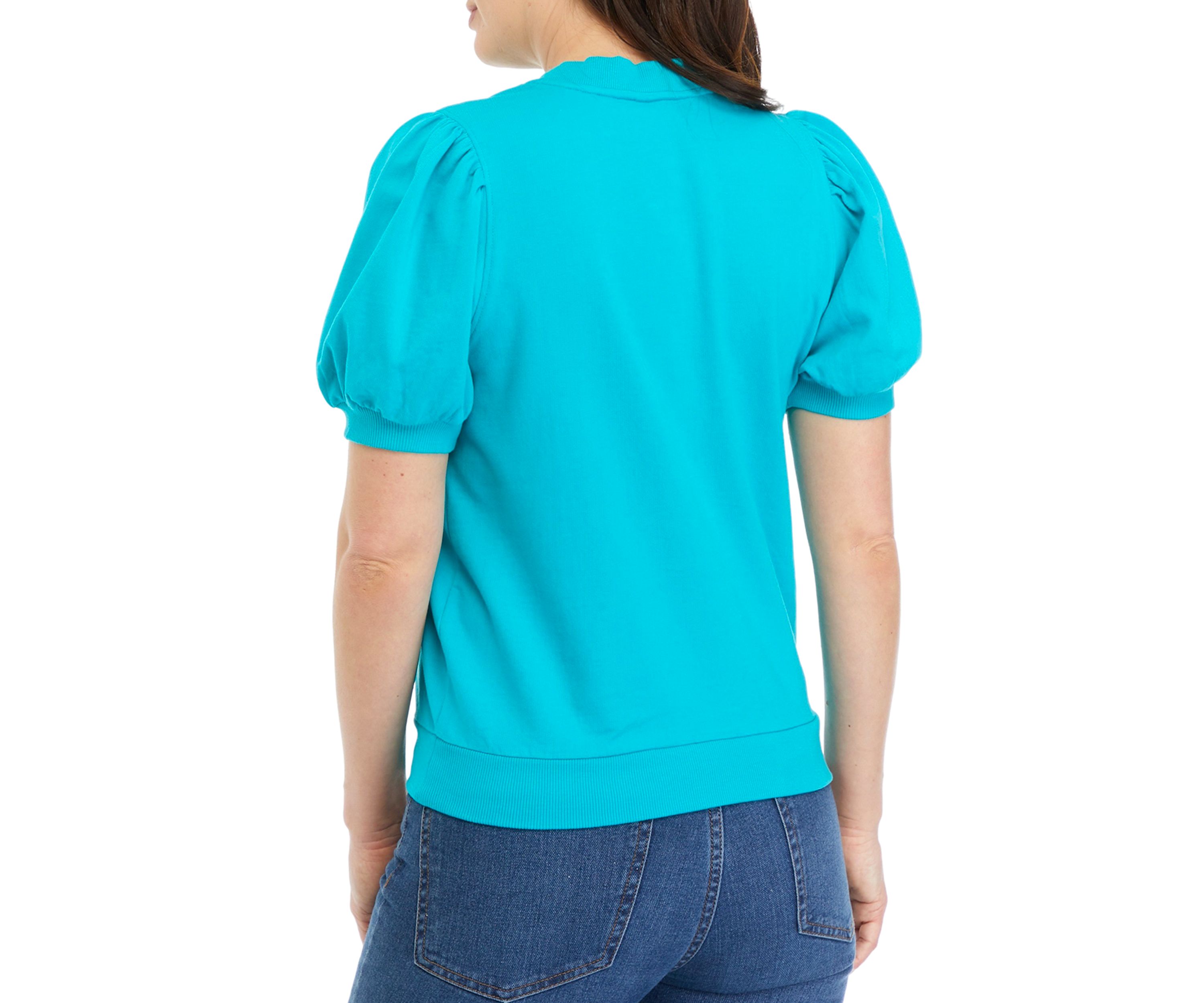 Womens Puff Sleeve Embroidered Interlock Top