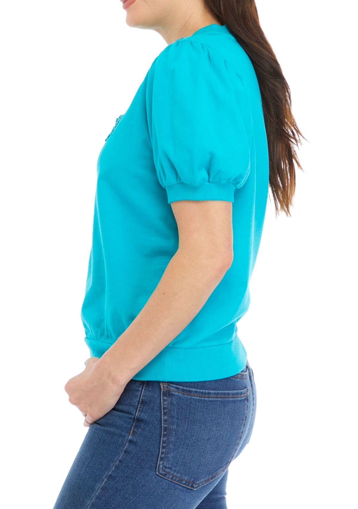 Womens Puff Sleeve Embroidered Interlock Top