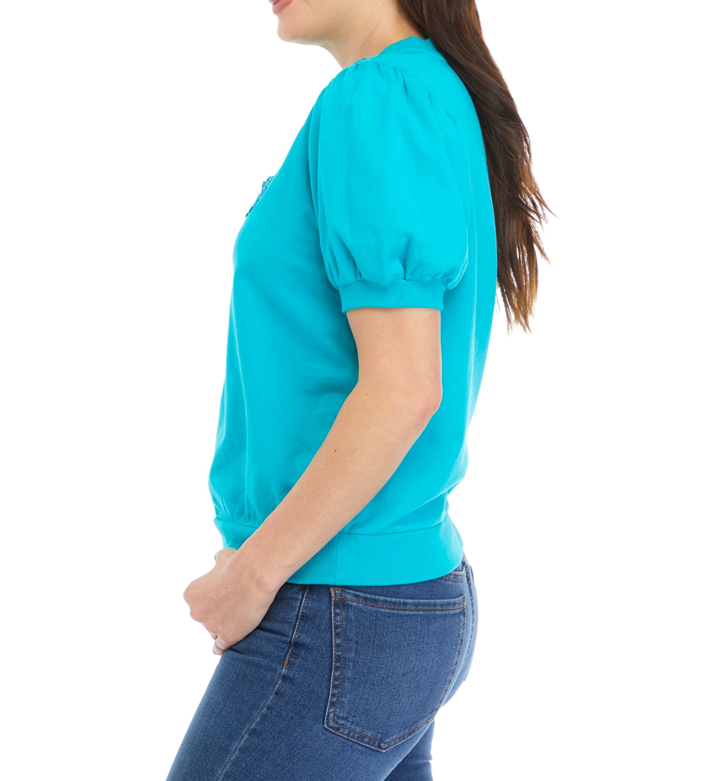 Womens Puff Sleeve Embroidered Interlock Top