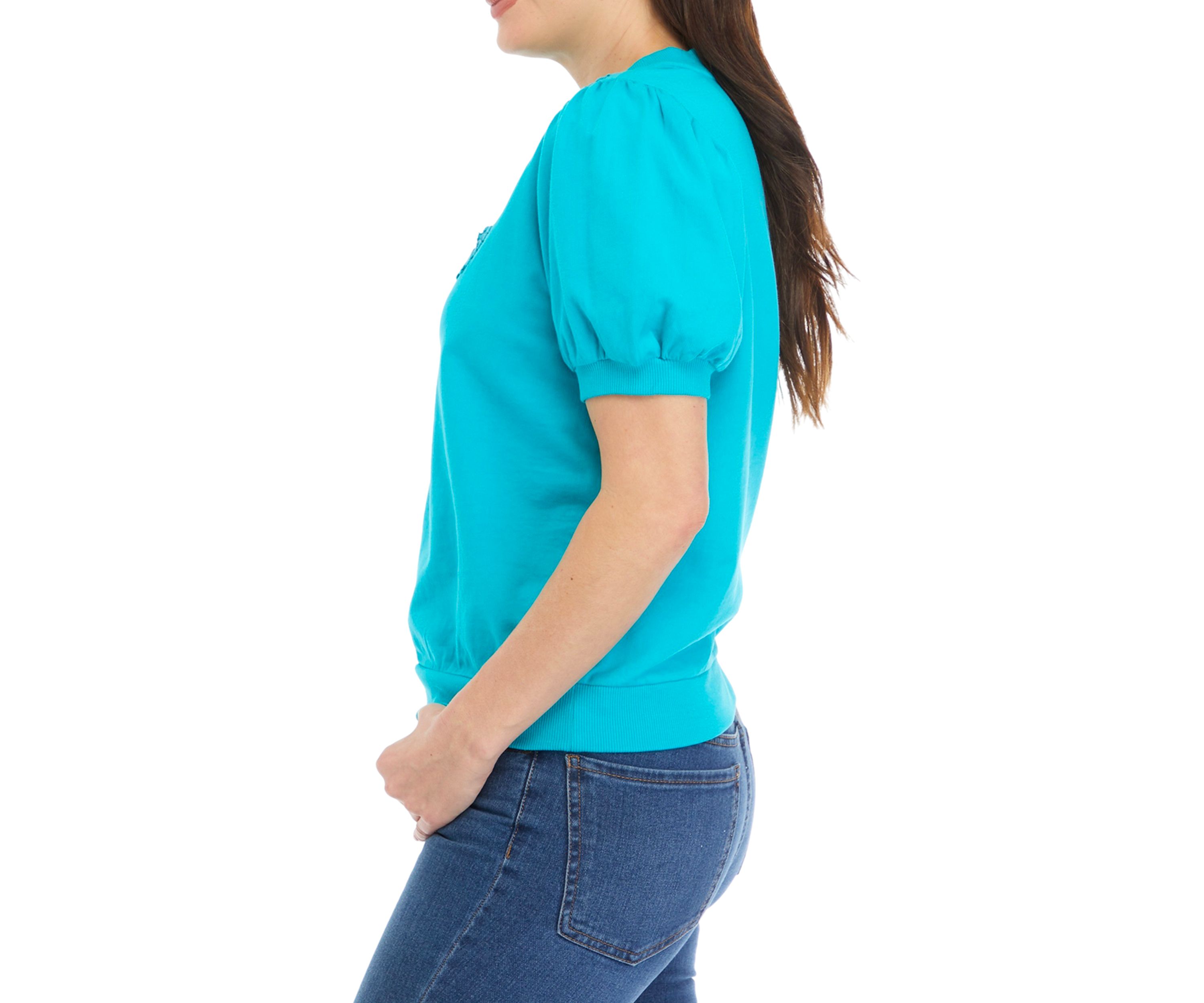 Womens Puff Sleeve Embroidered Interlock Top