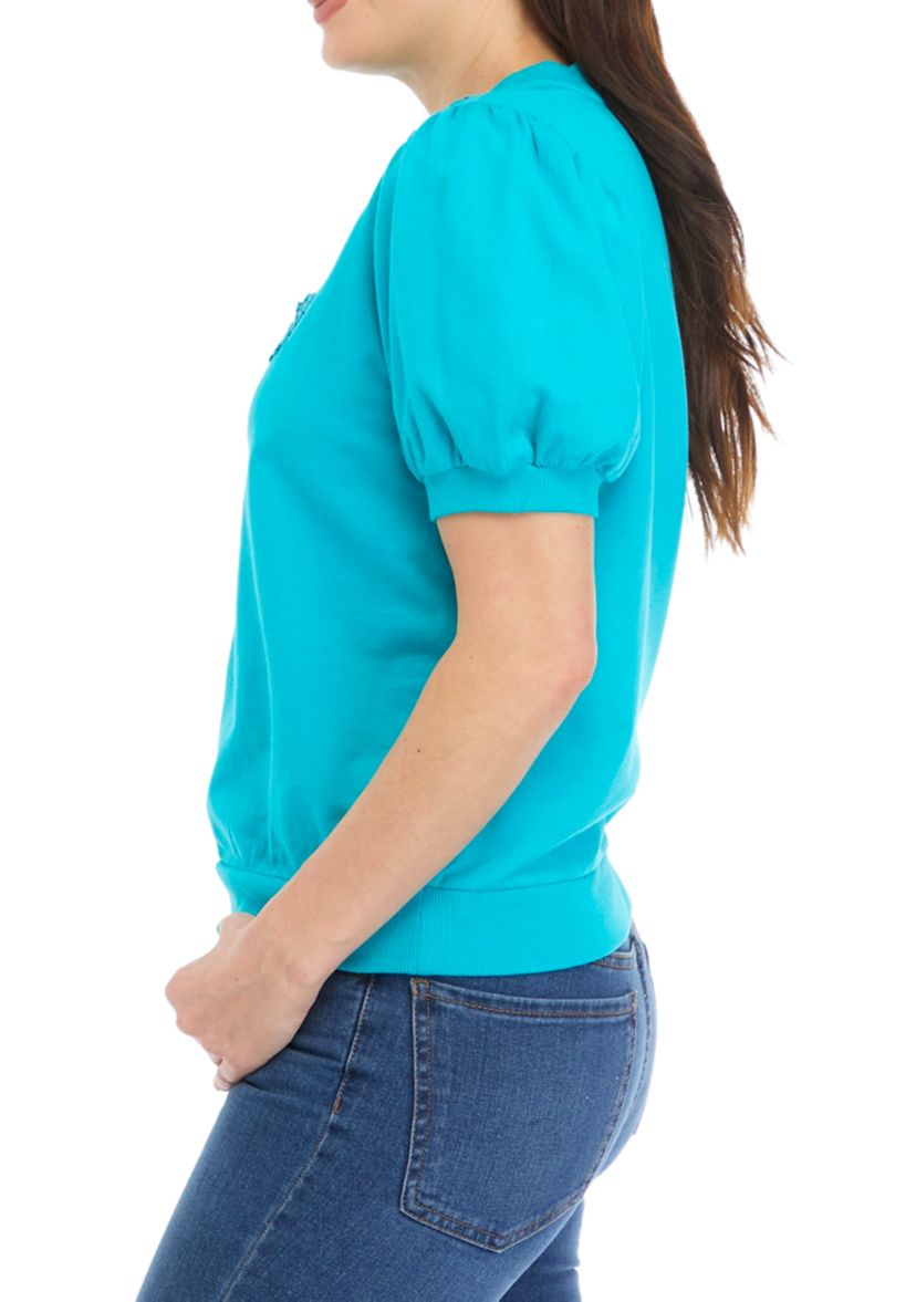 Womens Puff Sleeve Embroidered Interlock Top