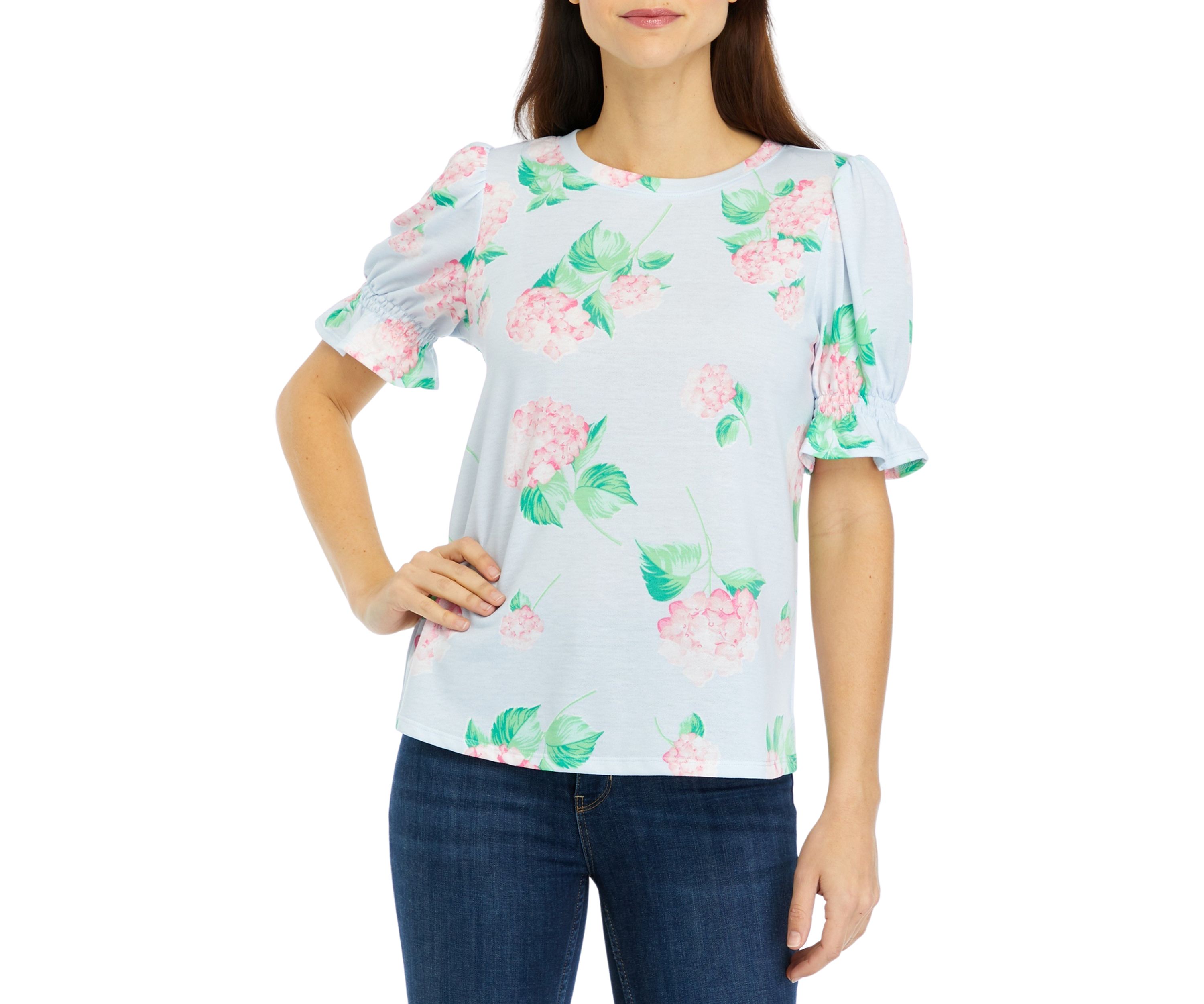 Womens Smocked Puff Sleeve Printed T-Shirt 