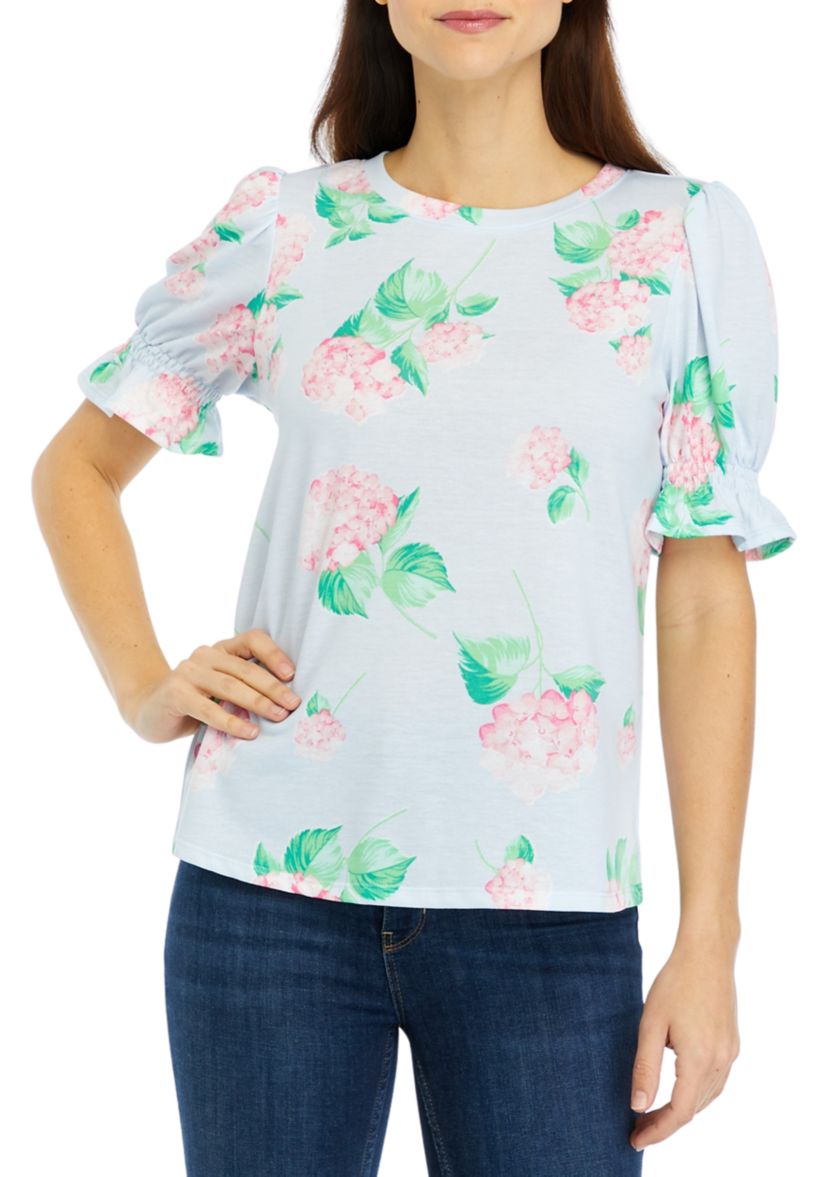 Womens Smocked Puff Sleeve Printed T-Shirt 