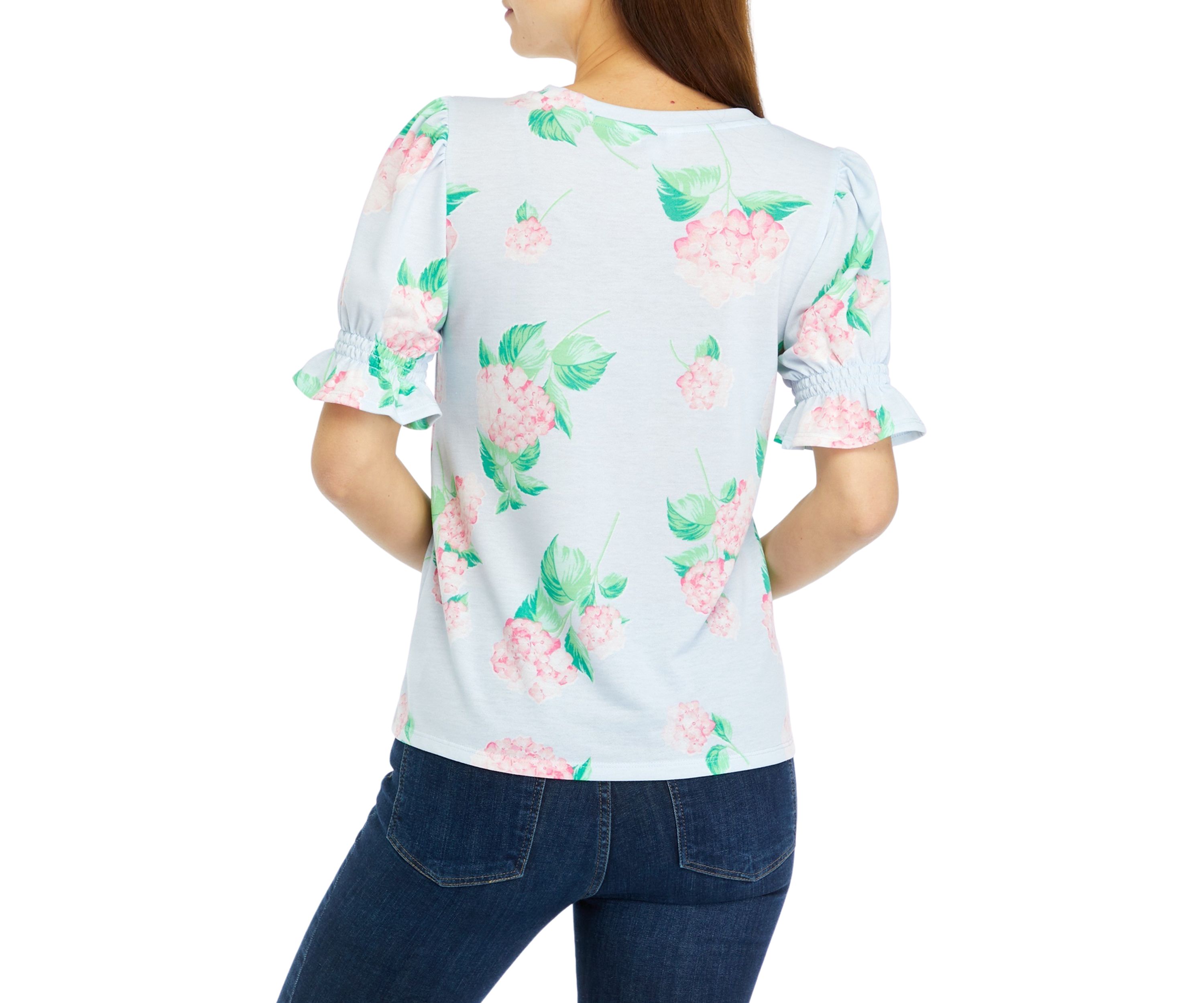 Womens Smocked Puff Sleeve Printed T-Shirt 