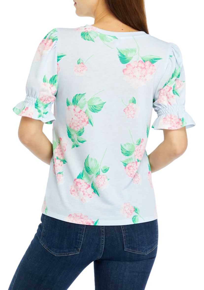 Womens Smocked Puff Sleeve Printed T-Shirt 