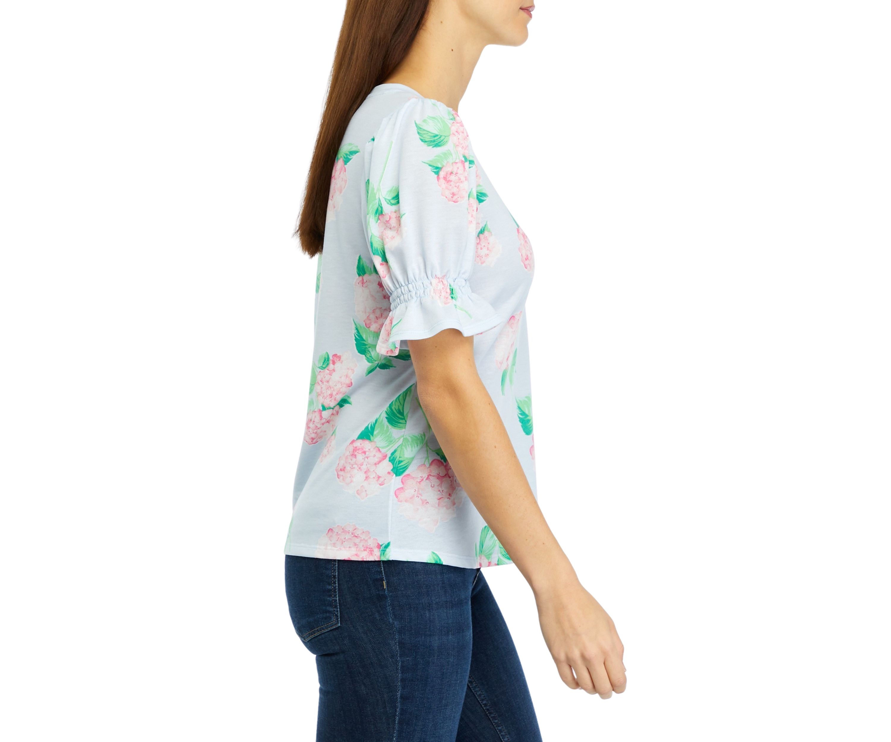 Womens Smocked Puff Sleeve Printed T-Shirt 