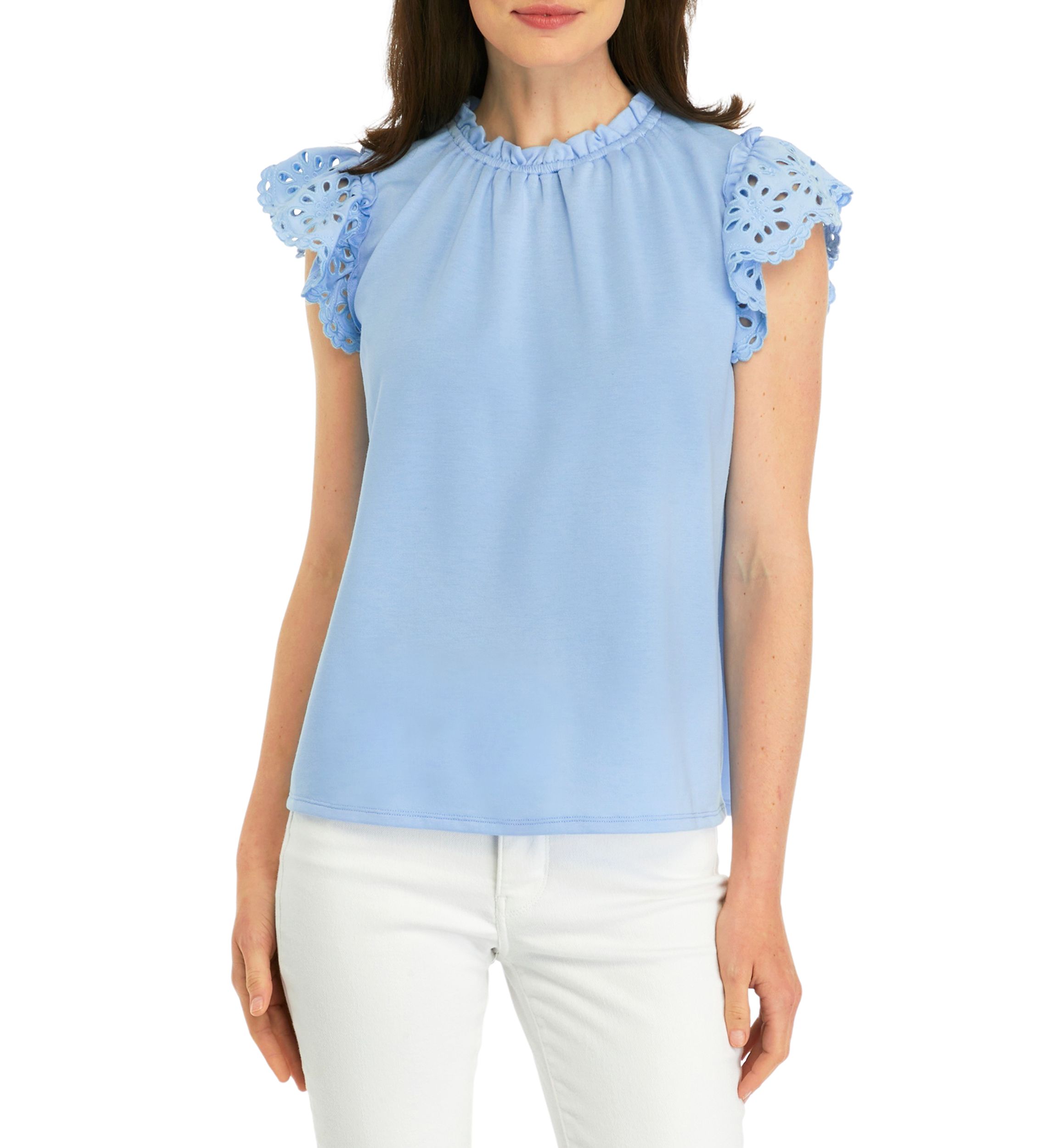 Womens Embroidered Ruffle Baby Terry Top