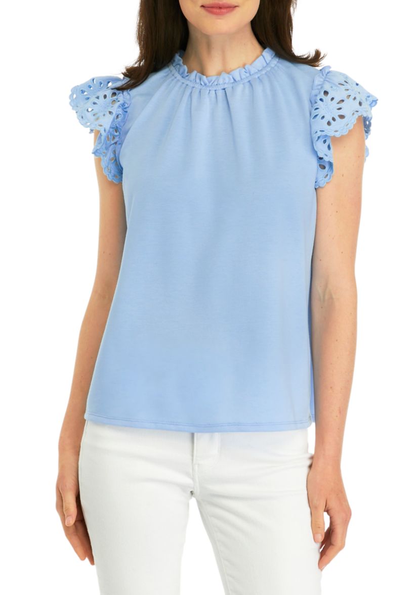 Womens Embroidered Ruffle Baby Terry Top