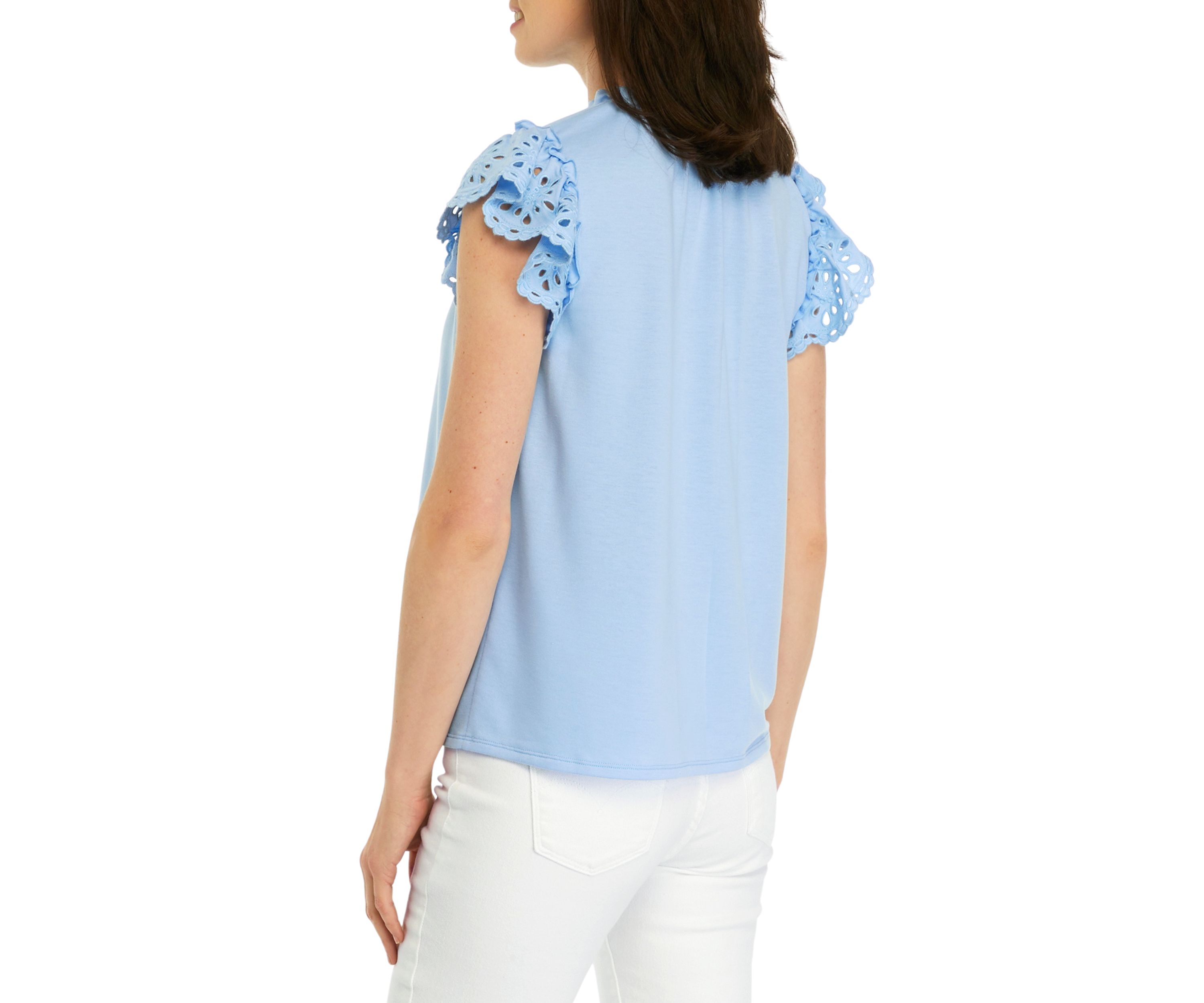 Womens Embroidered Ruffle Baby Terry Top