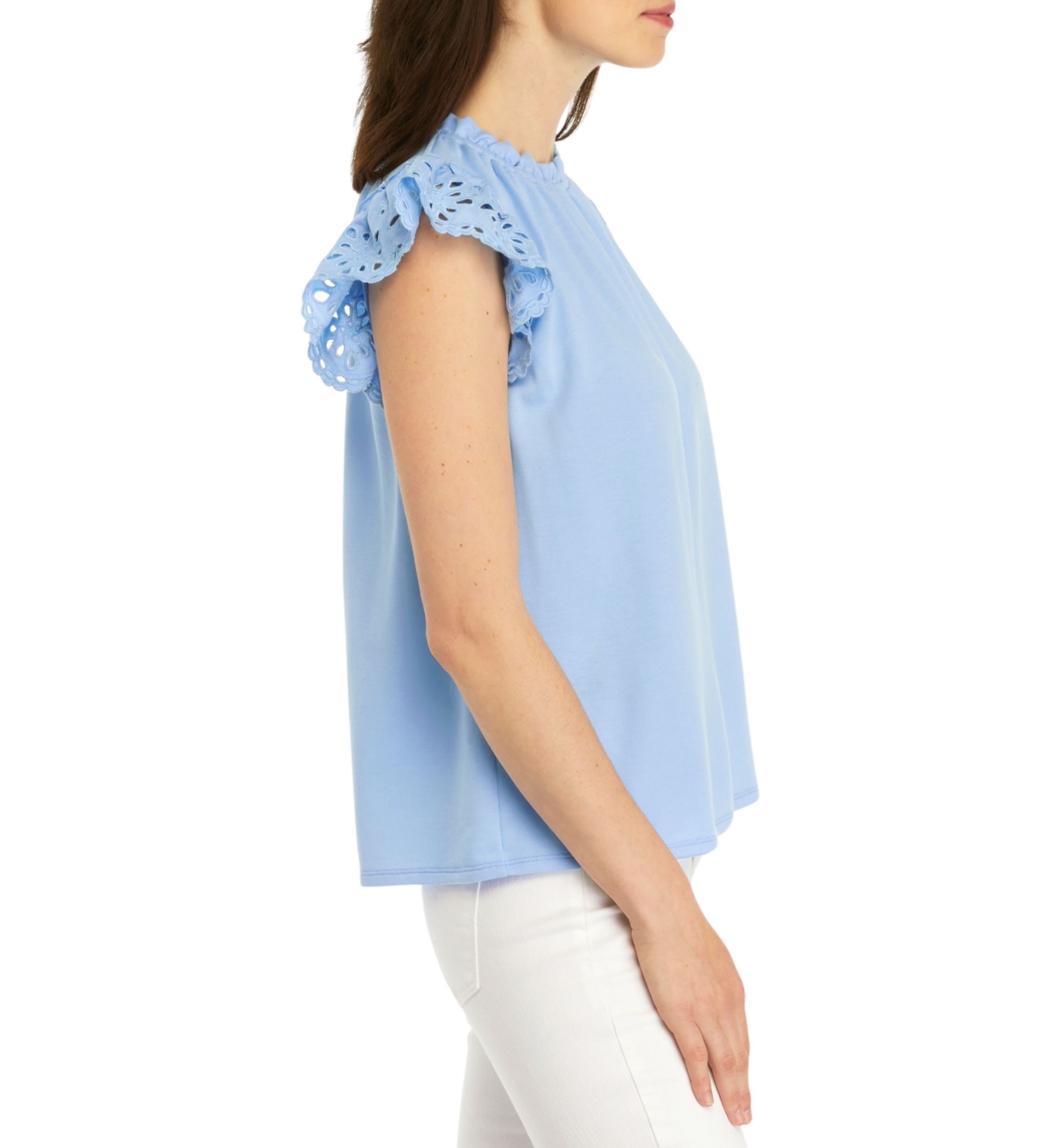 Womens Embroidered Ruffle Baby Terry Top