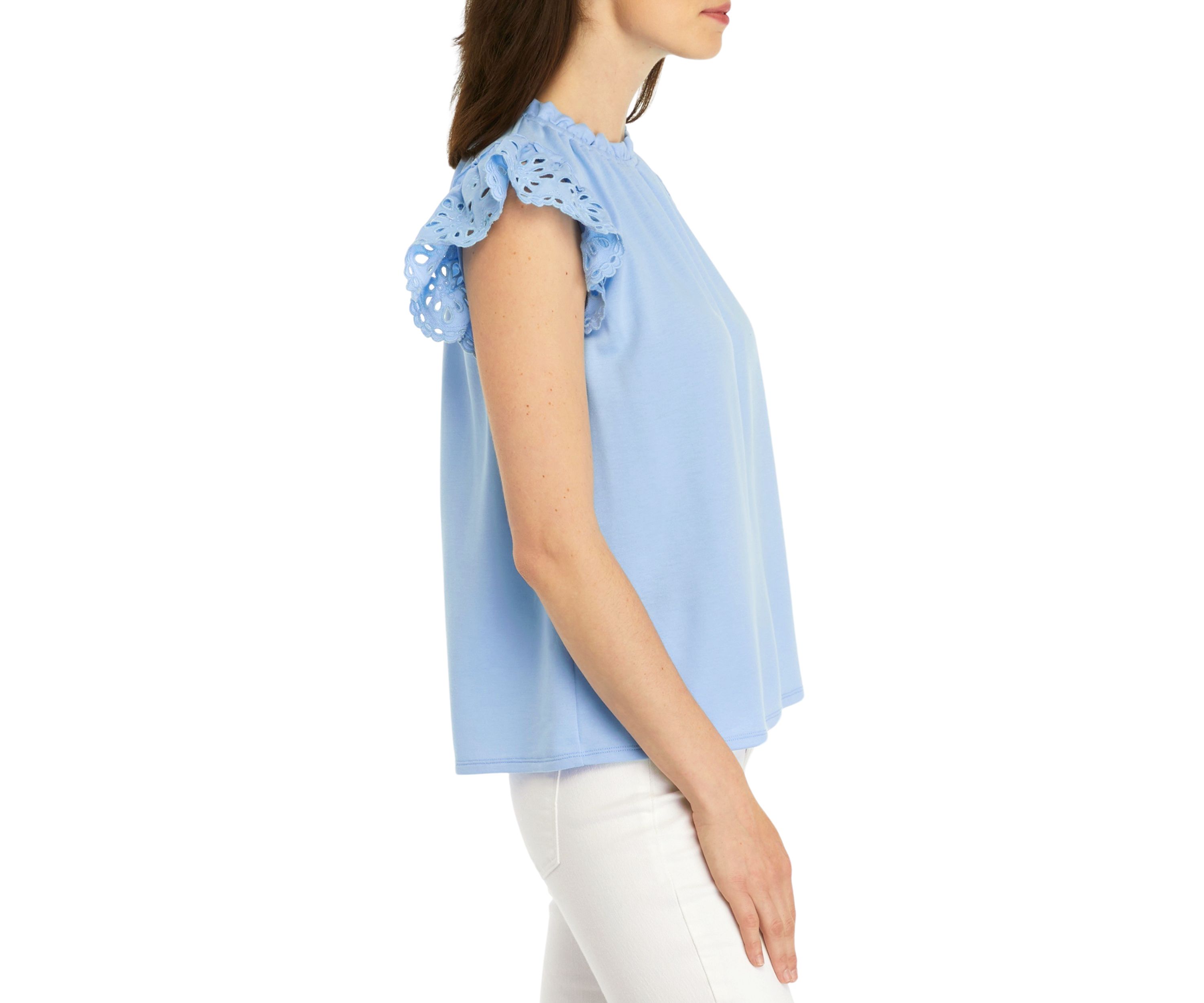 Womens Embroidered Ruffle Baby Terry Top