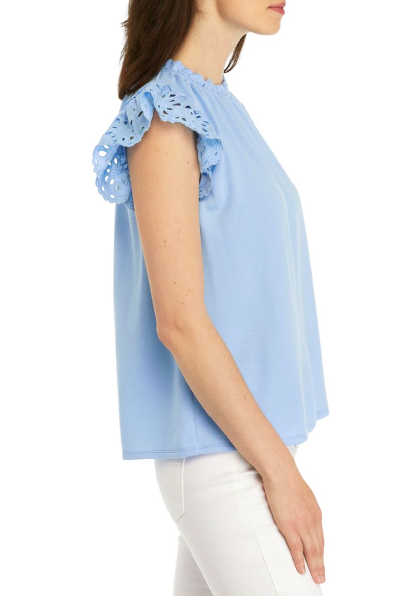 Womens Embroidered Ruffle Baby Terry Top