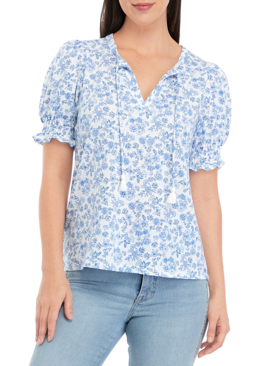 Womens Printed Tassel Tie Top