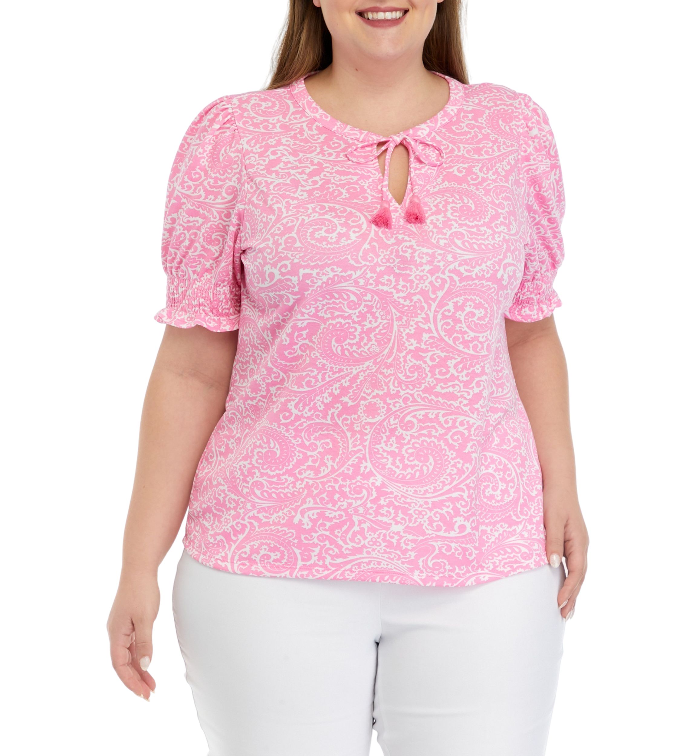 Plus Size Printed Tassel Tie Peasant Top