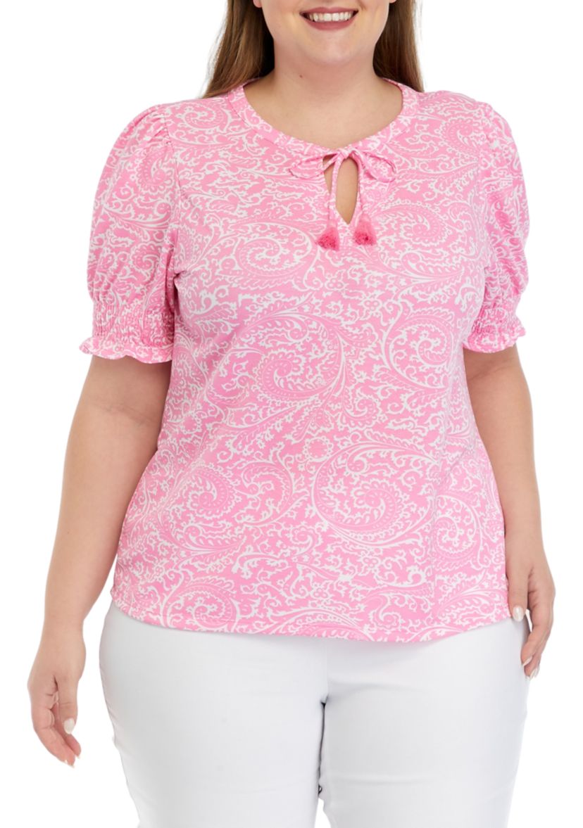 Plus Size Printed Tassel Tie Peasant Top