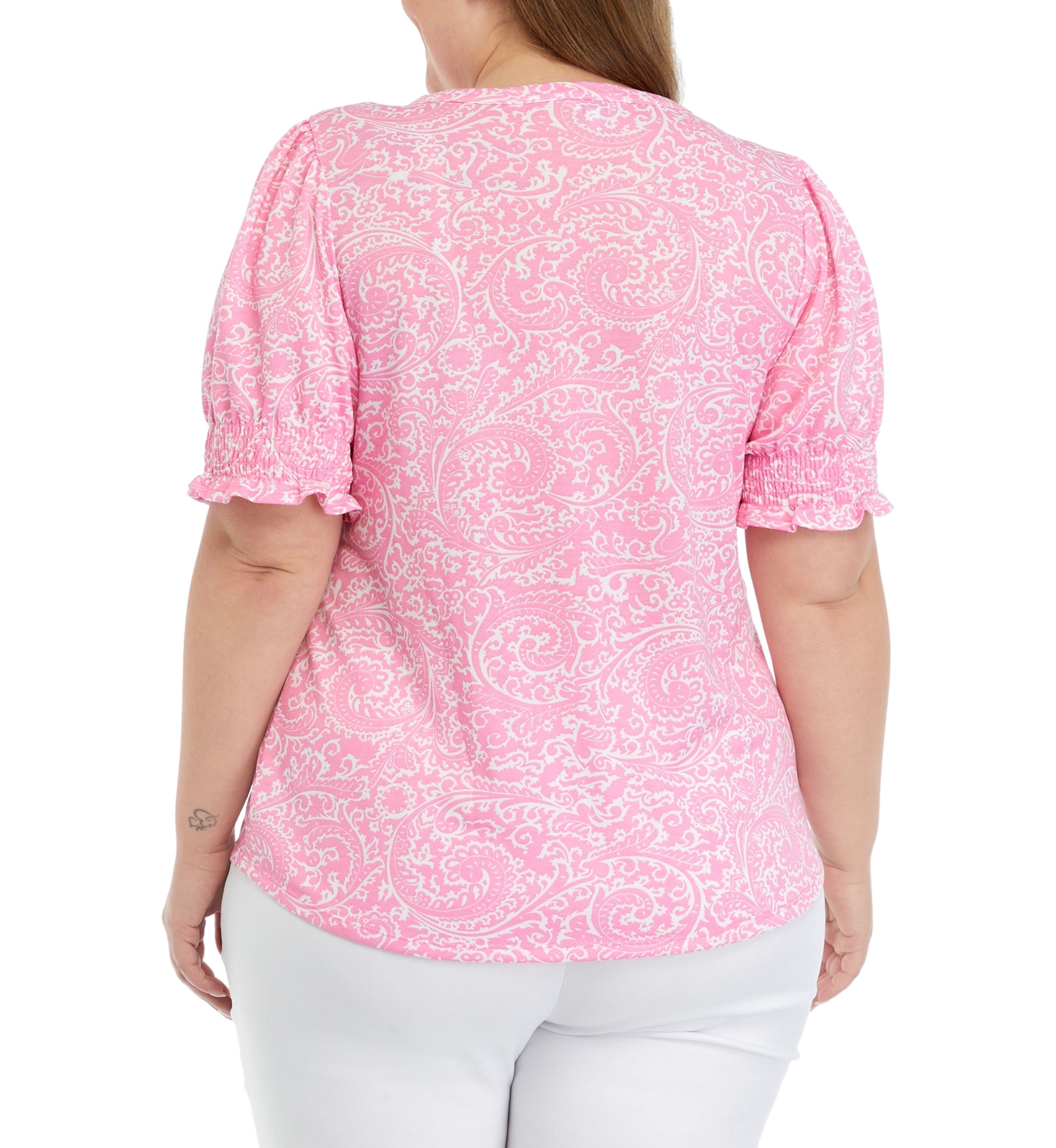 Plus Size Printed Tassel Tie Peasant Top