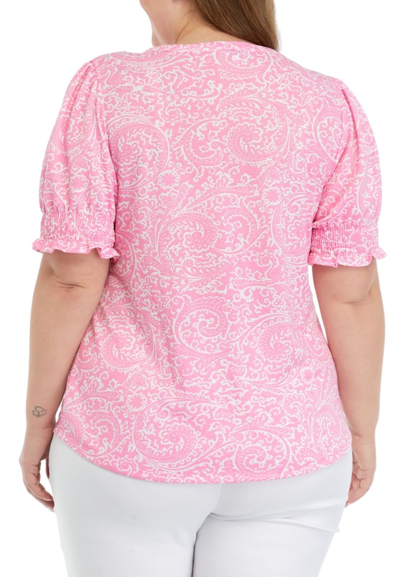 Plus Size Printed Tassel Tie Peasant Top