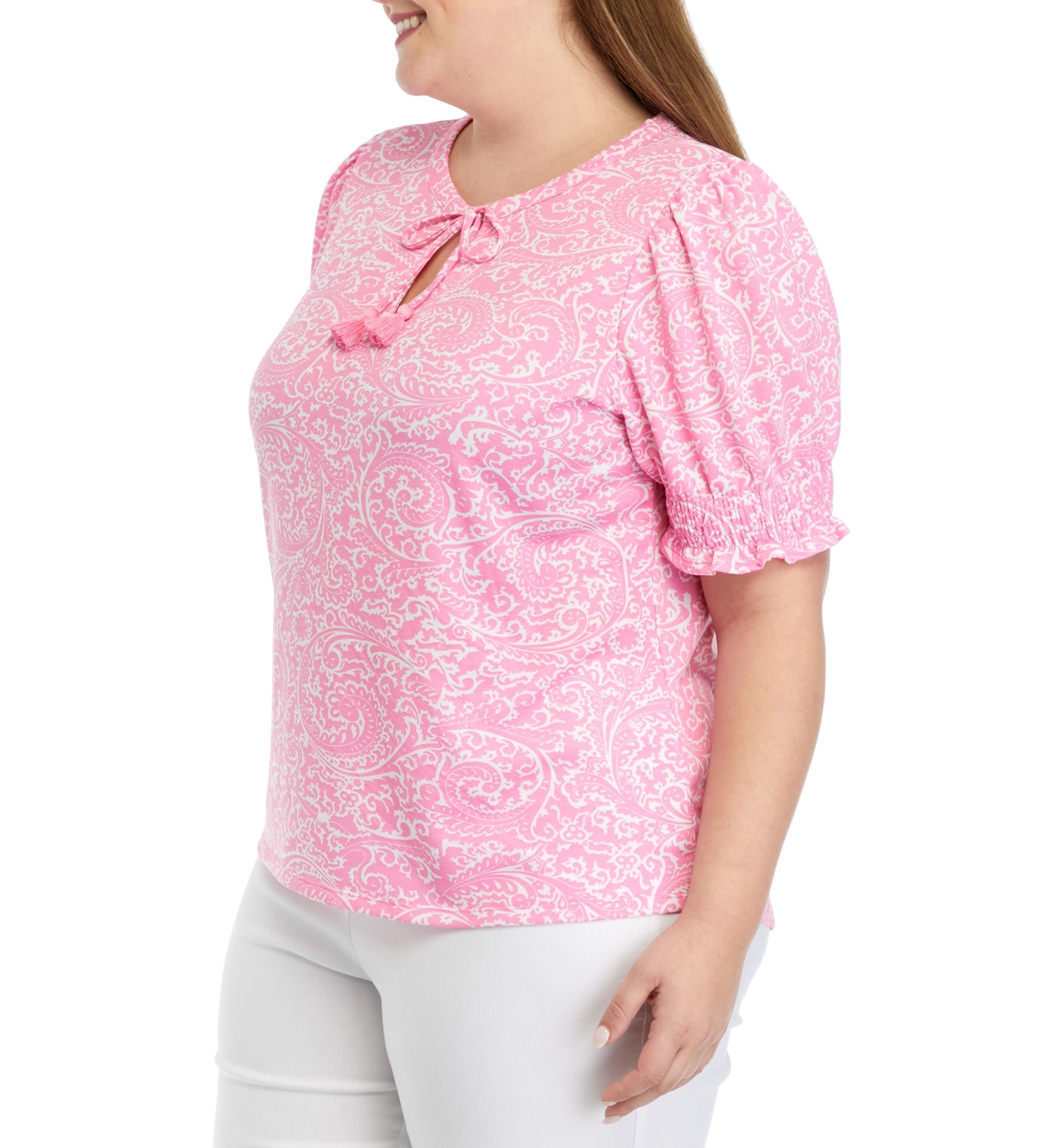 Plus Size Printed Tassel Tie Peasant Top