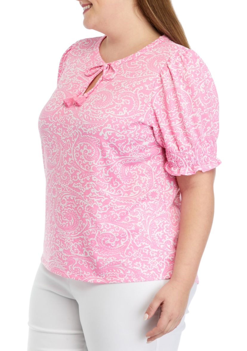 Plus Size Printed Tassel Tie Peasant Top