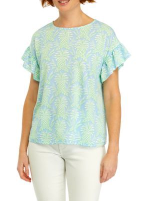 Crown & Ivy Women's Short Ruffle Sleeve Printed Knit Top