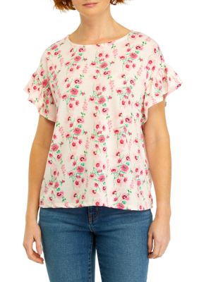 Crown & Ivy Women's Flutter Sleeve Printed Knit Top
