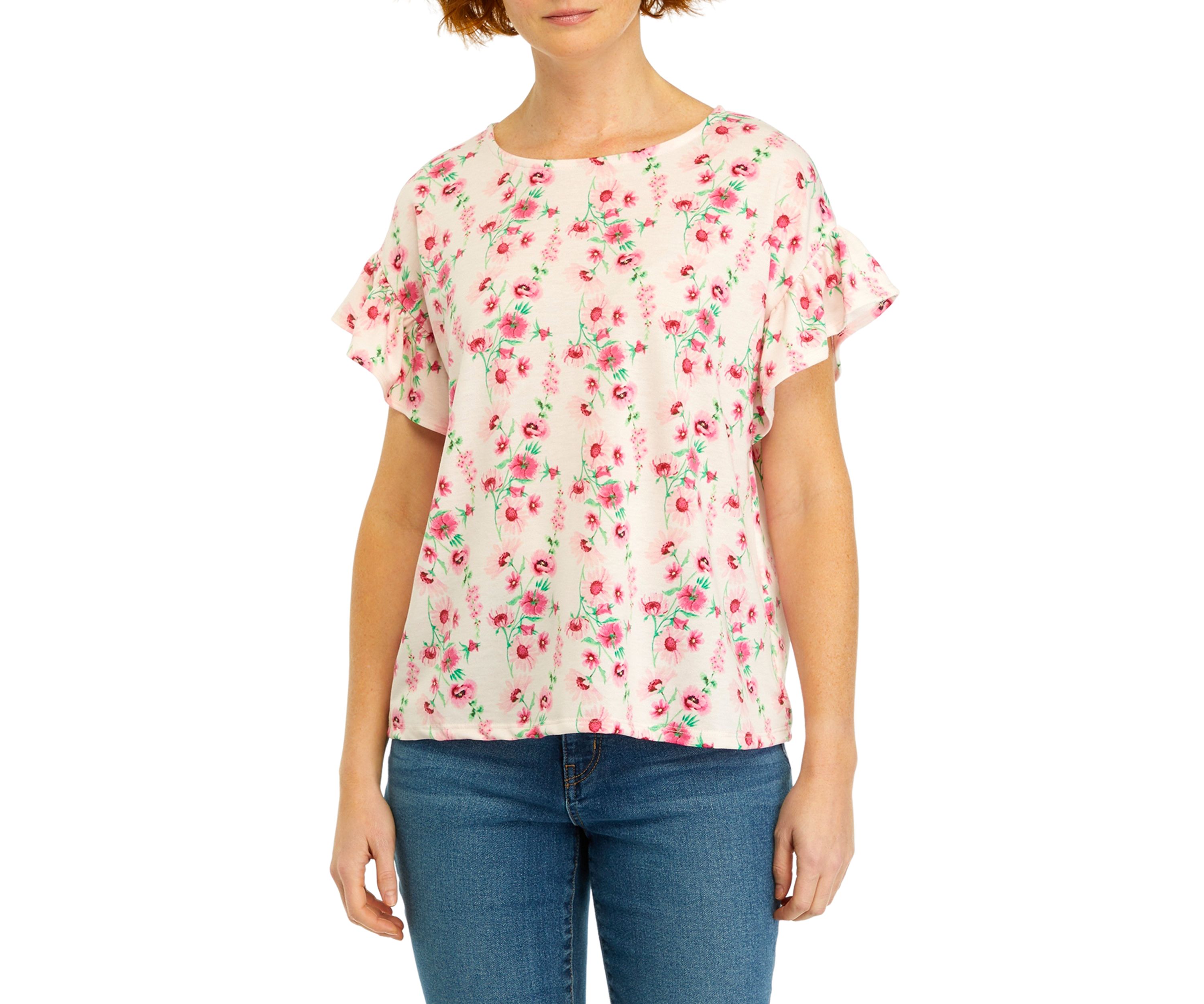 Womens Flutter Sleeve Printed Knit Top