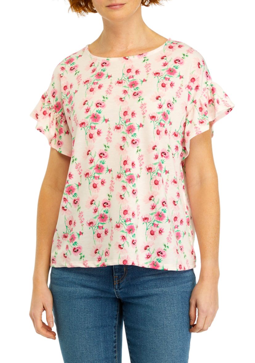 Womens Flutter Sleeve Printed Knit Top