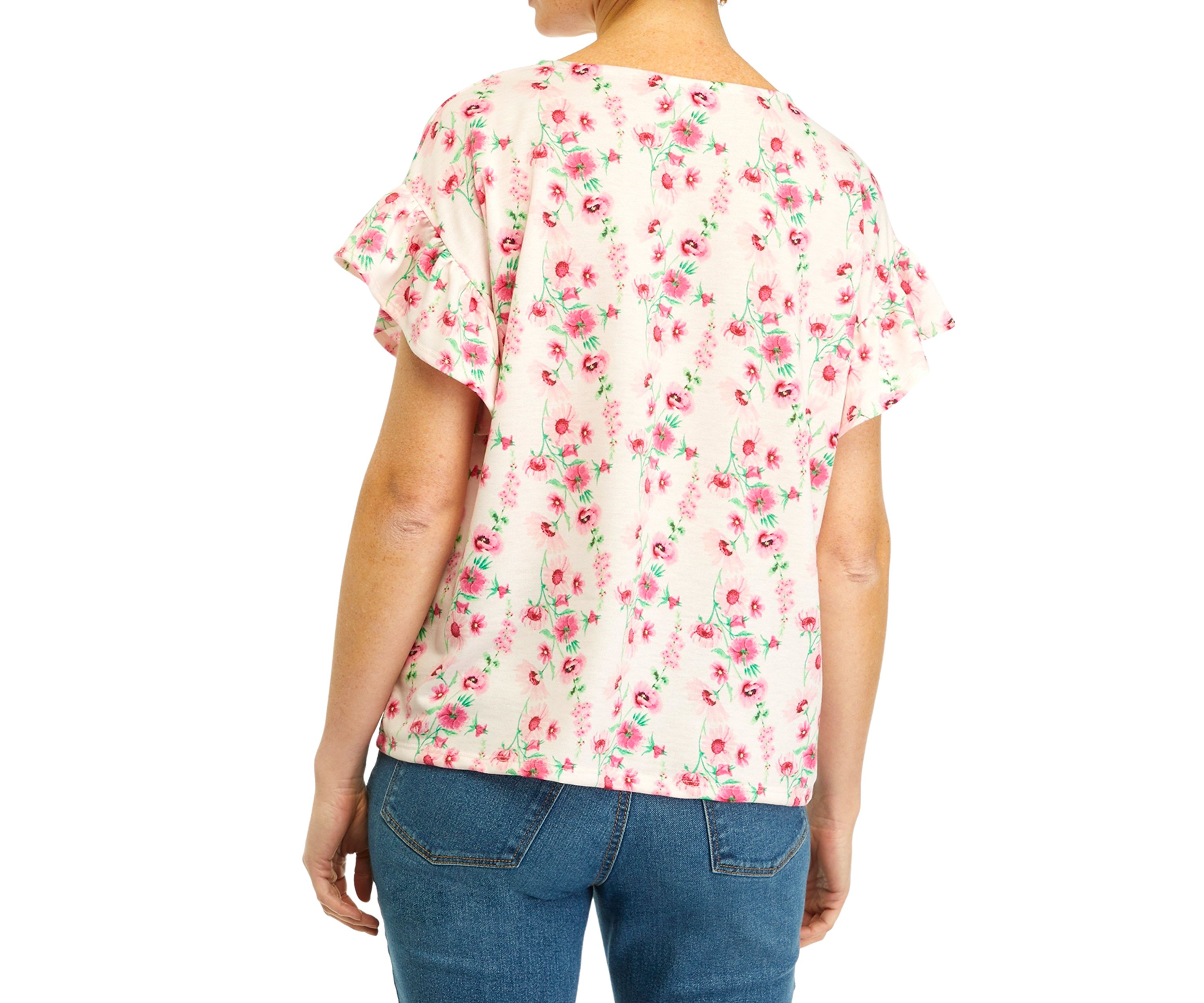 Womens Flutter Sleeve Printed Knit Top