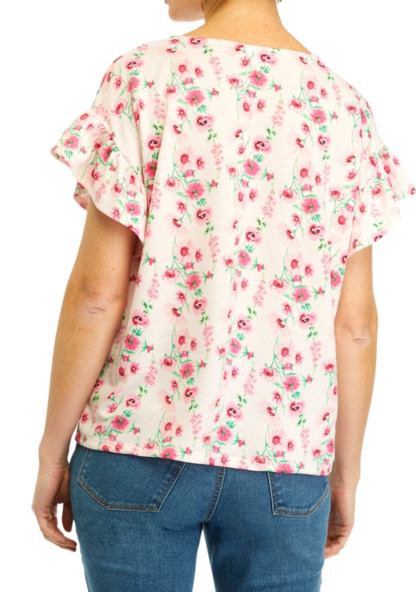 Womens Flutter Sleeve Printed Knit Top