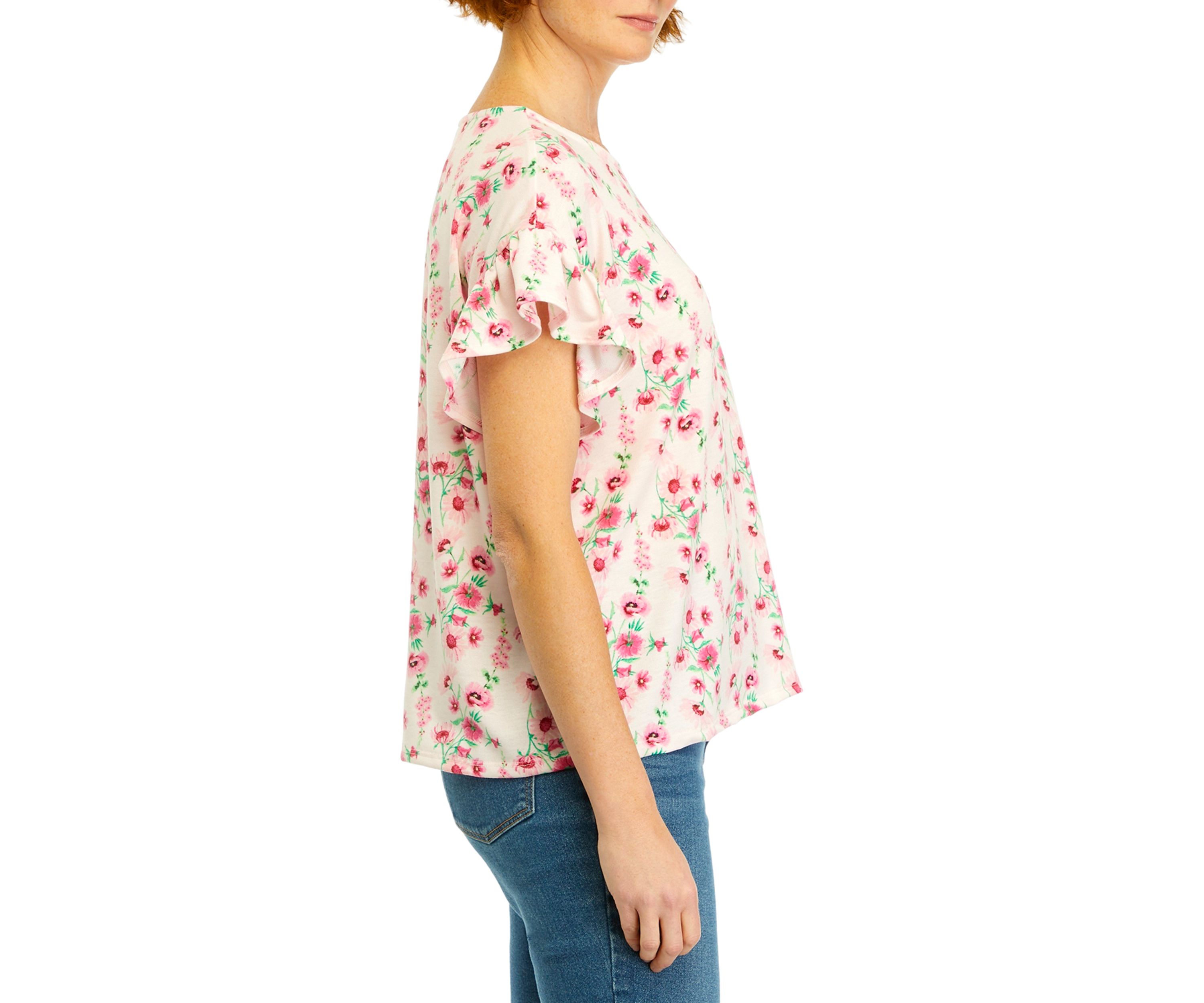 Womens Flutter Sleeve Printed Knit Top