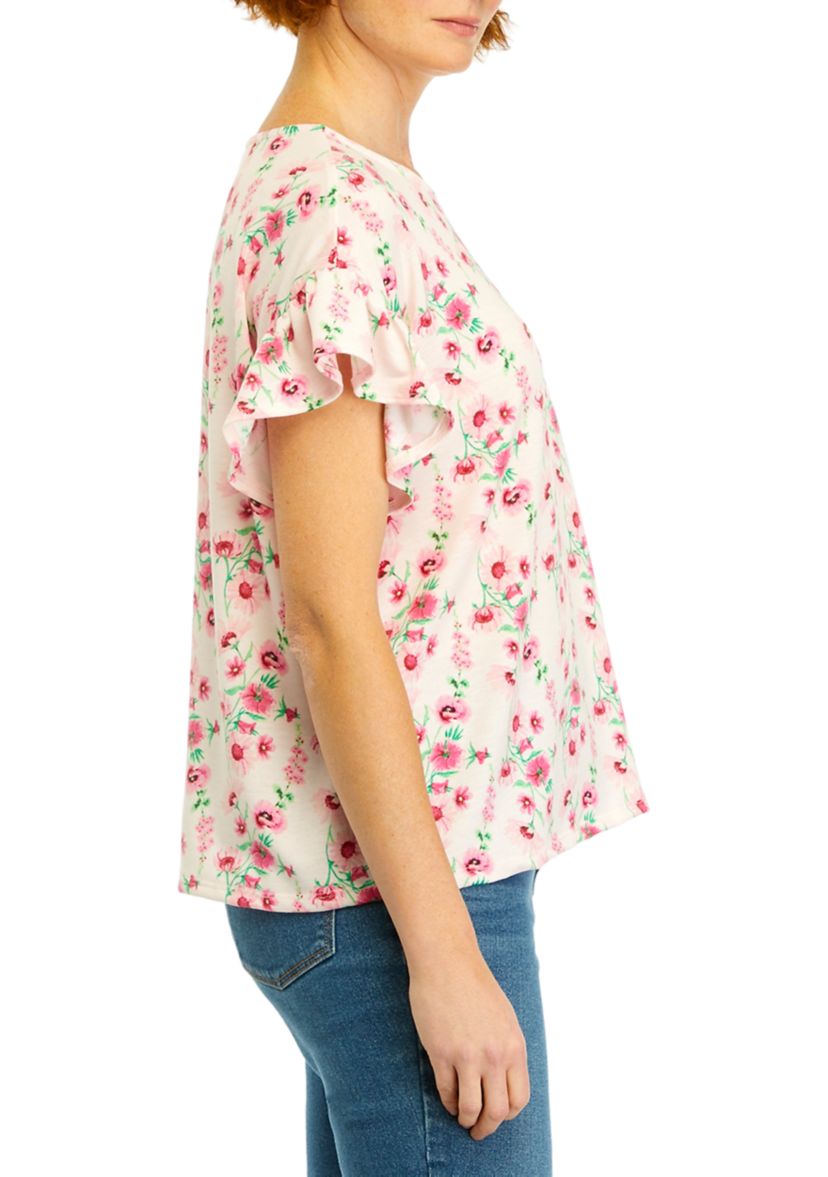Womens Flutter Sleeve Printed Knit Top