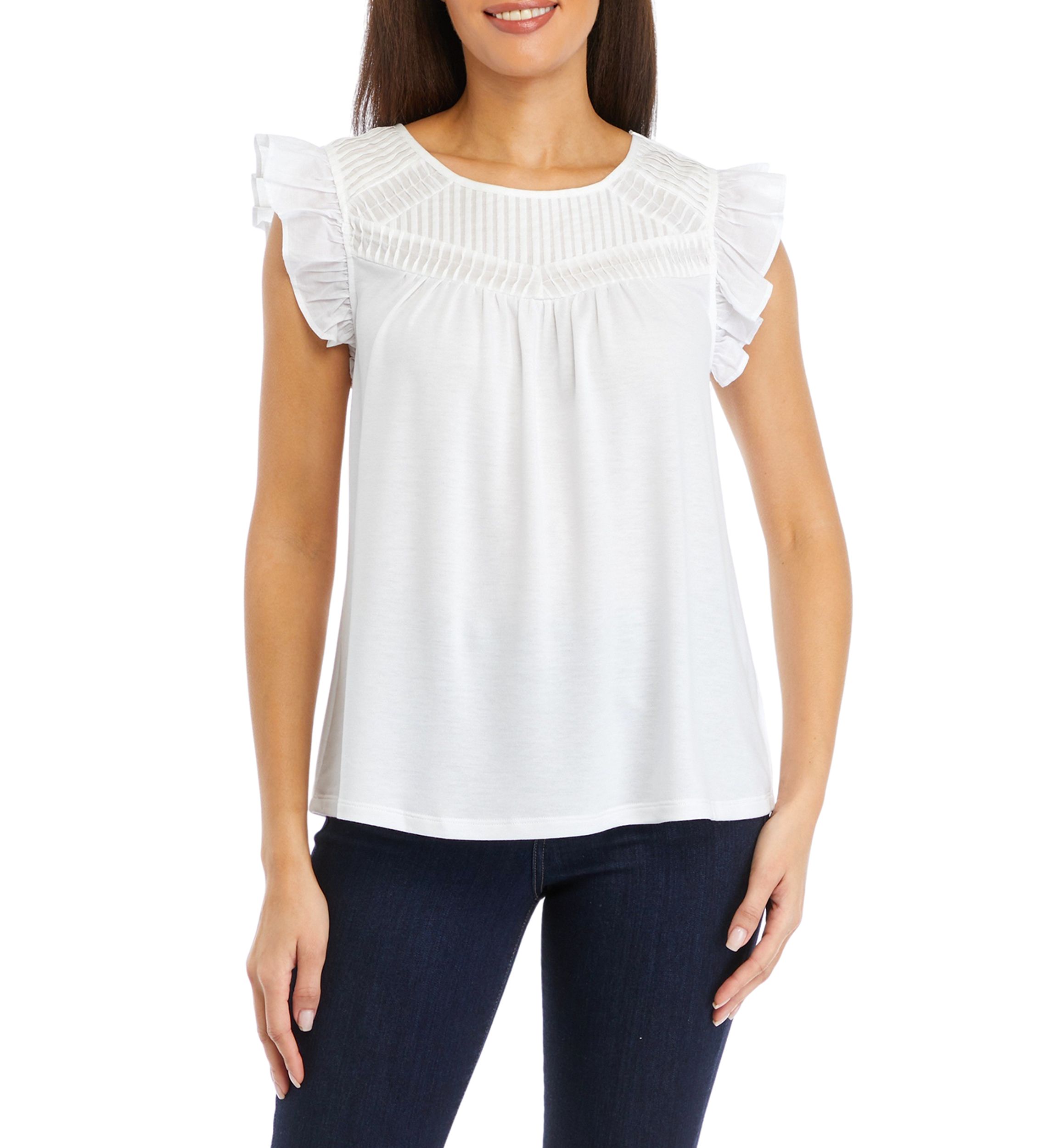Womens Flutter Sleeve Pintuck Knit Top