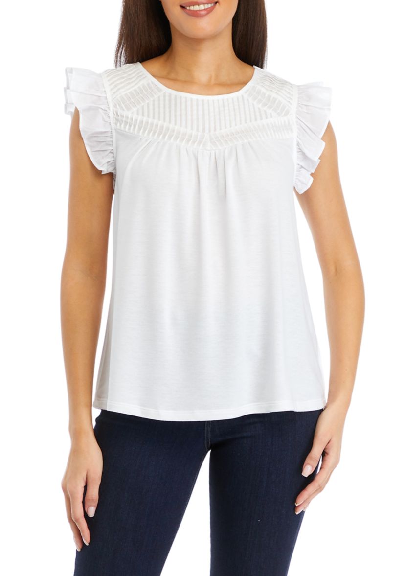 Womens Flutter Sleeve Pintuck Knit Top