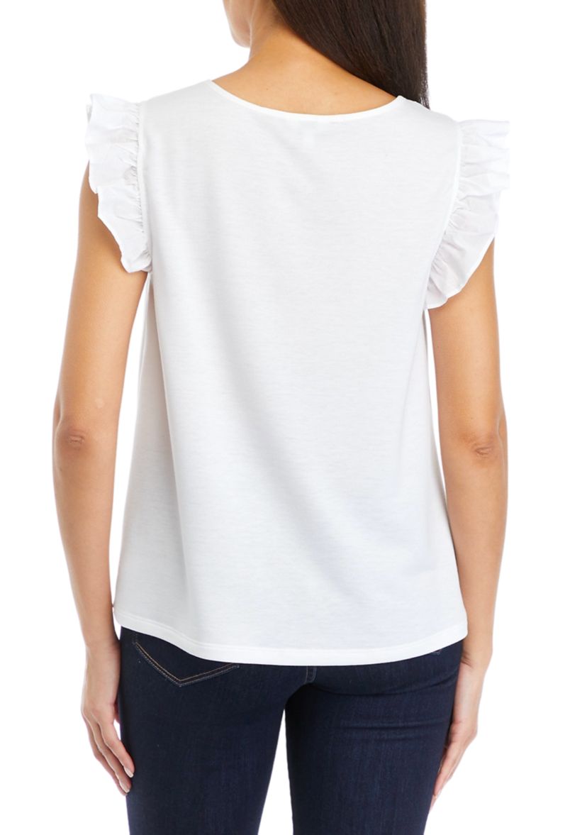 Womens Flutter Sleeve Pintuck Knit Top