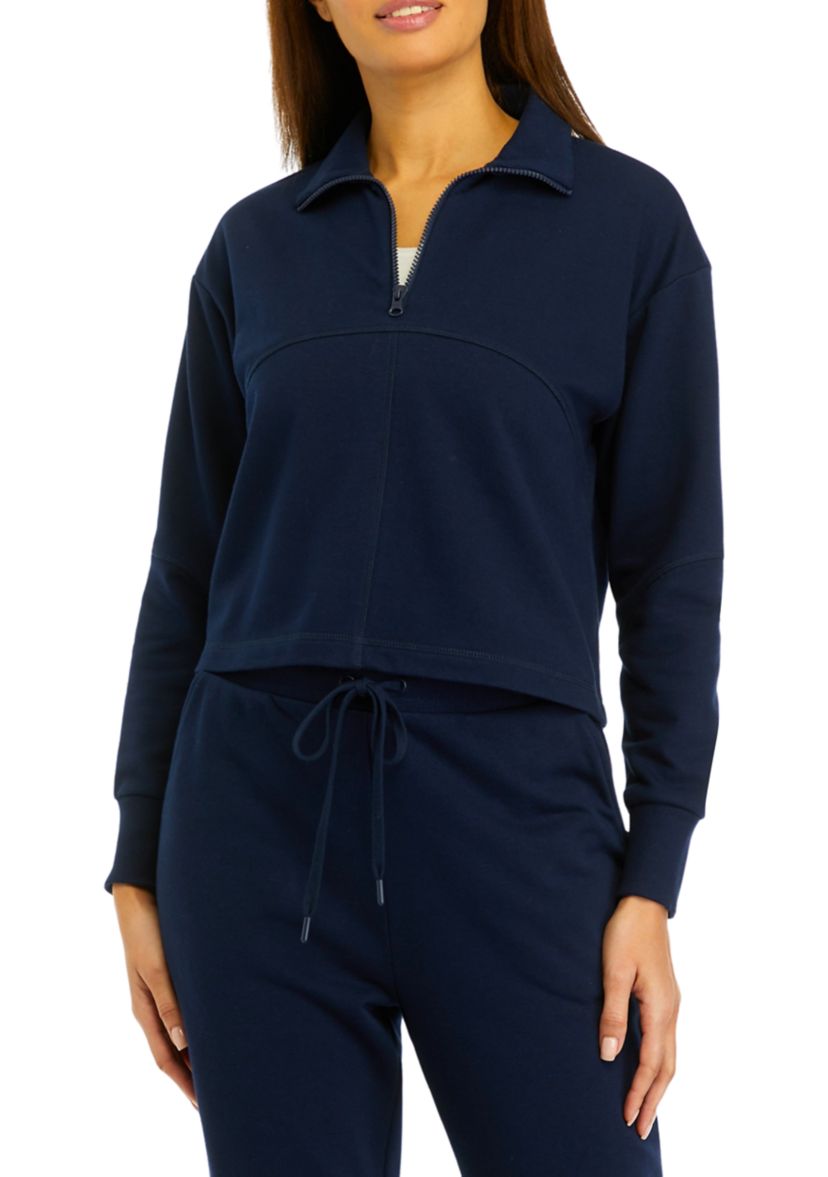 Womens Zip Contrast Trim Pullover Sweatshirt