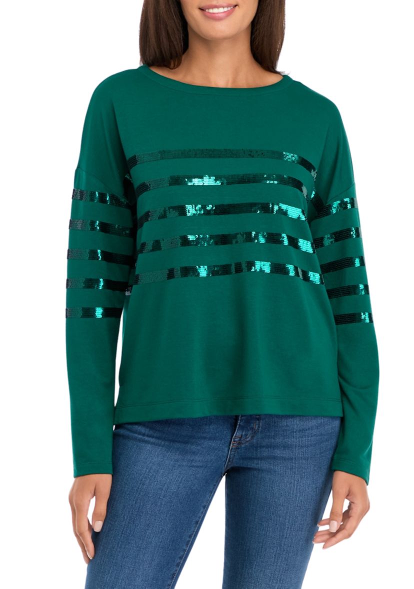 Womens Long Sleeve Baby Terry Sequin Top 