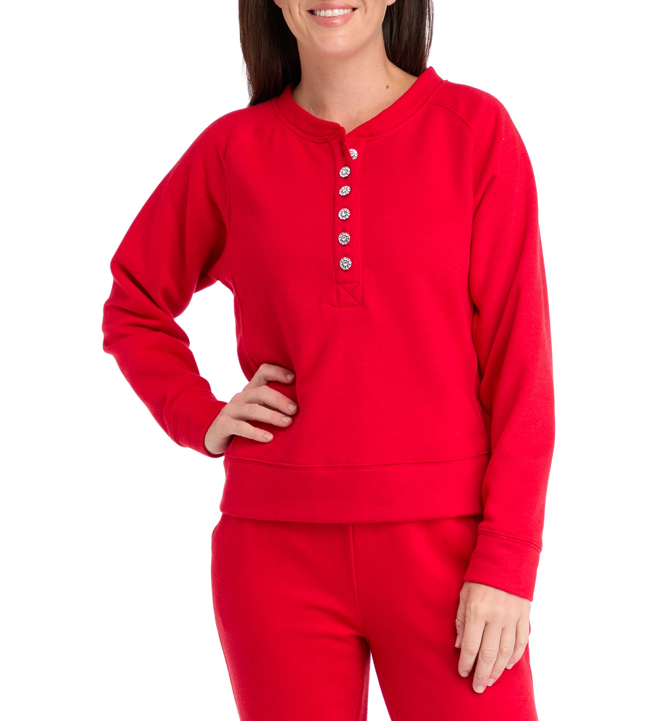 Womens Long Sleeve Jewel Button Henley Top 
